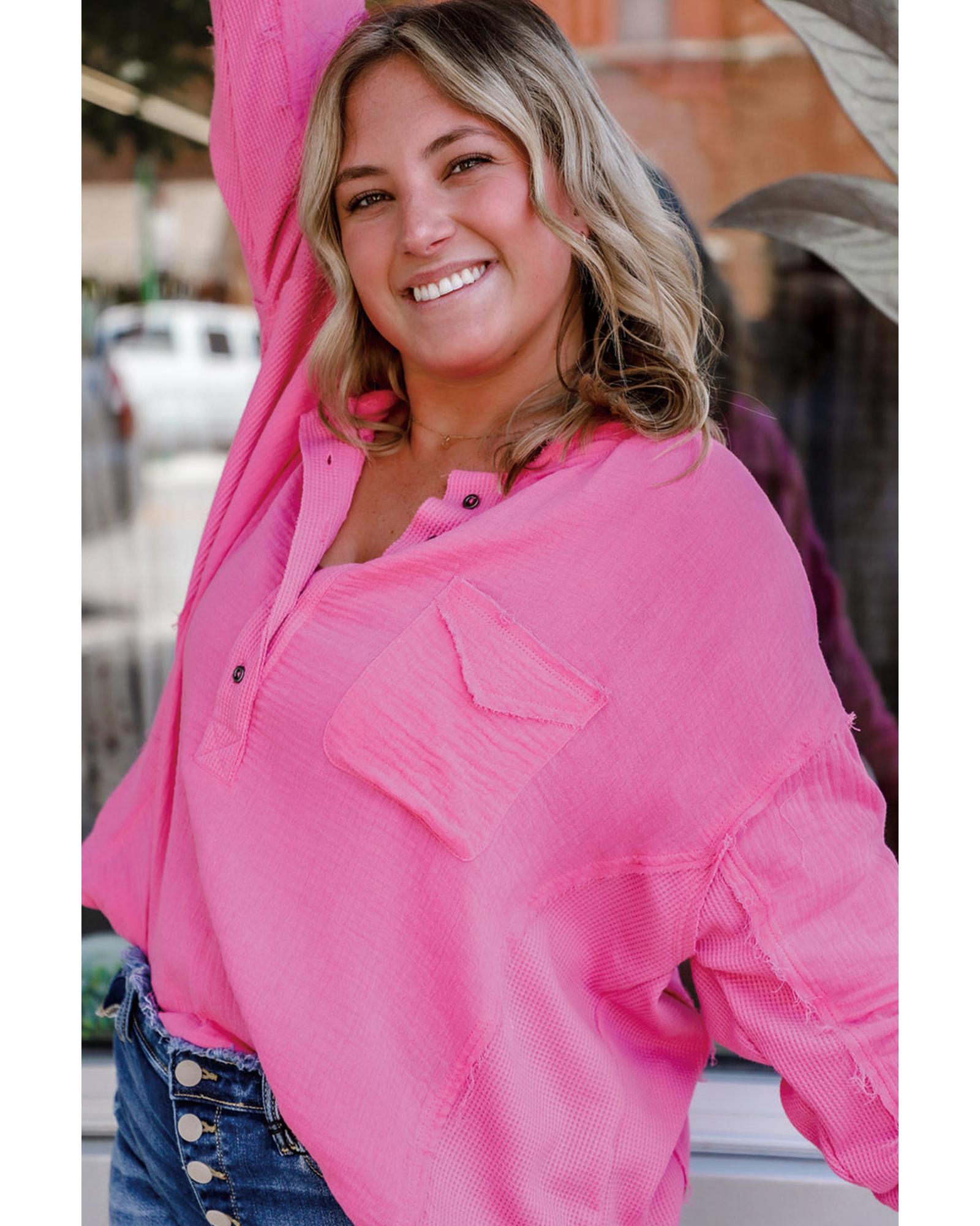 Bonbon Half Buttons Chest Pocket Drop Sleeve Plus Size Top - 3X 3