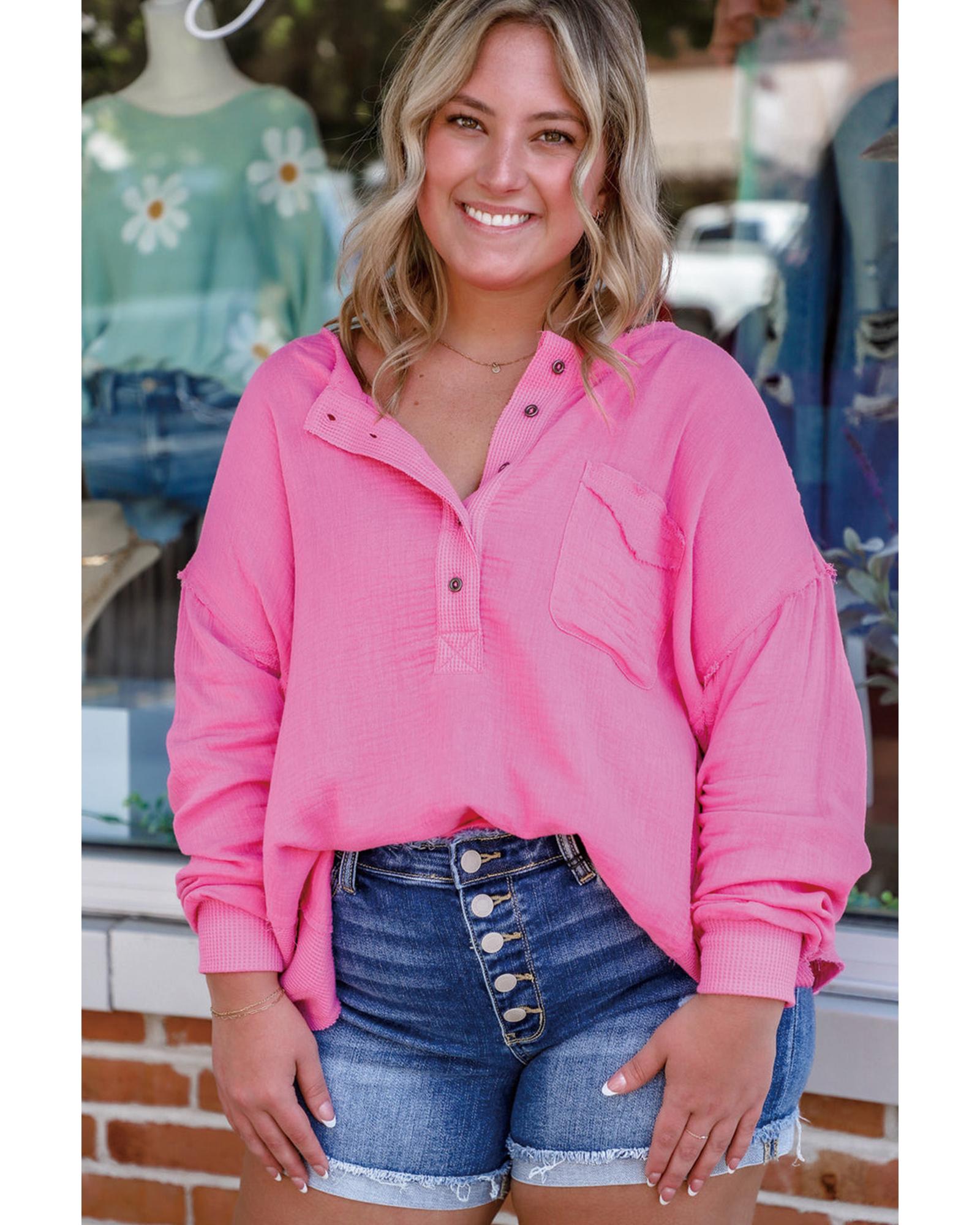 Bonbon Half Buttons Chest Pocket Drop Sleeve Plus Size Top - 3X 4