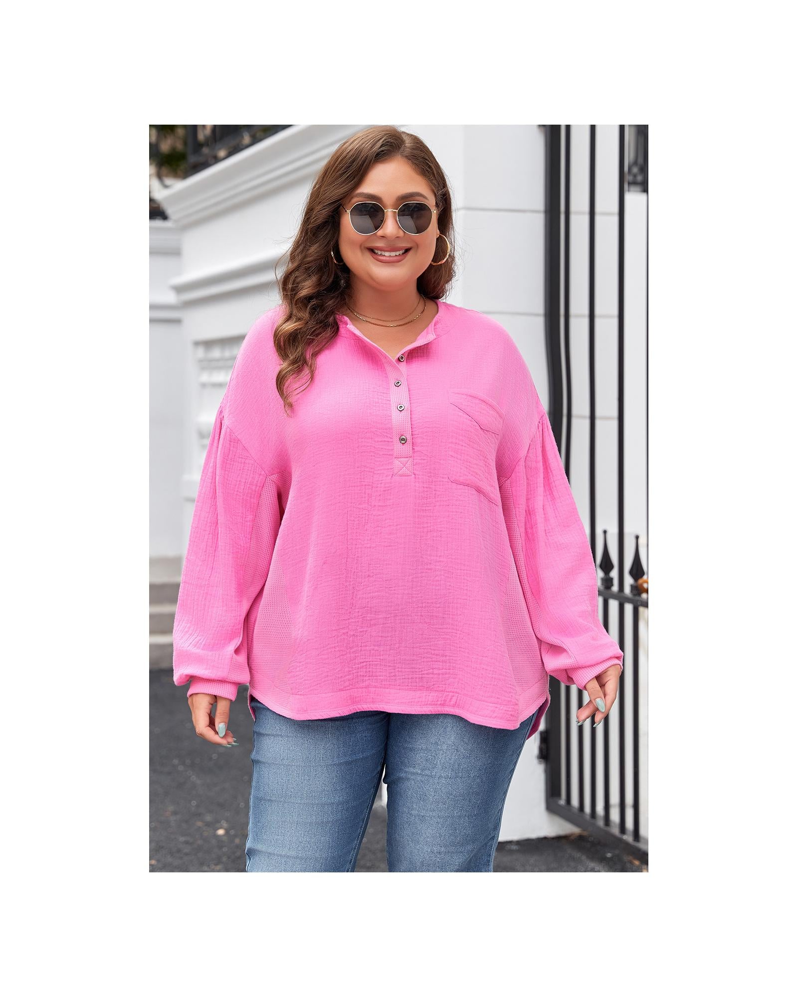 Bonbon Half Buttons Chest Pocket Drop Sleeve Plus Size Top - 3X 6
