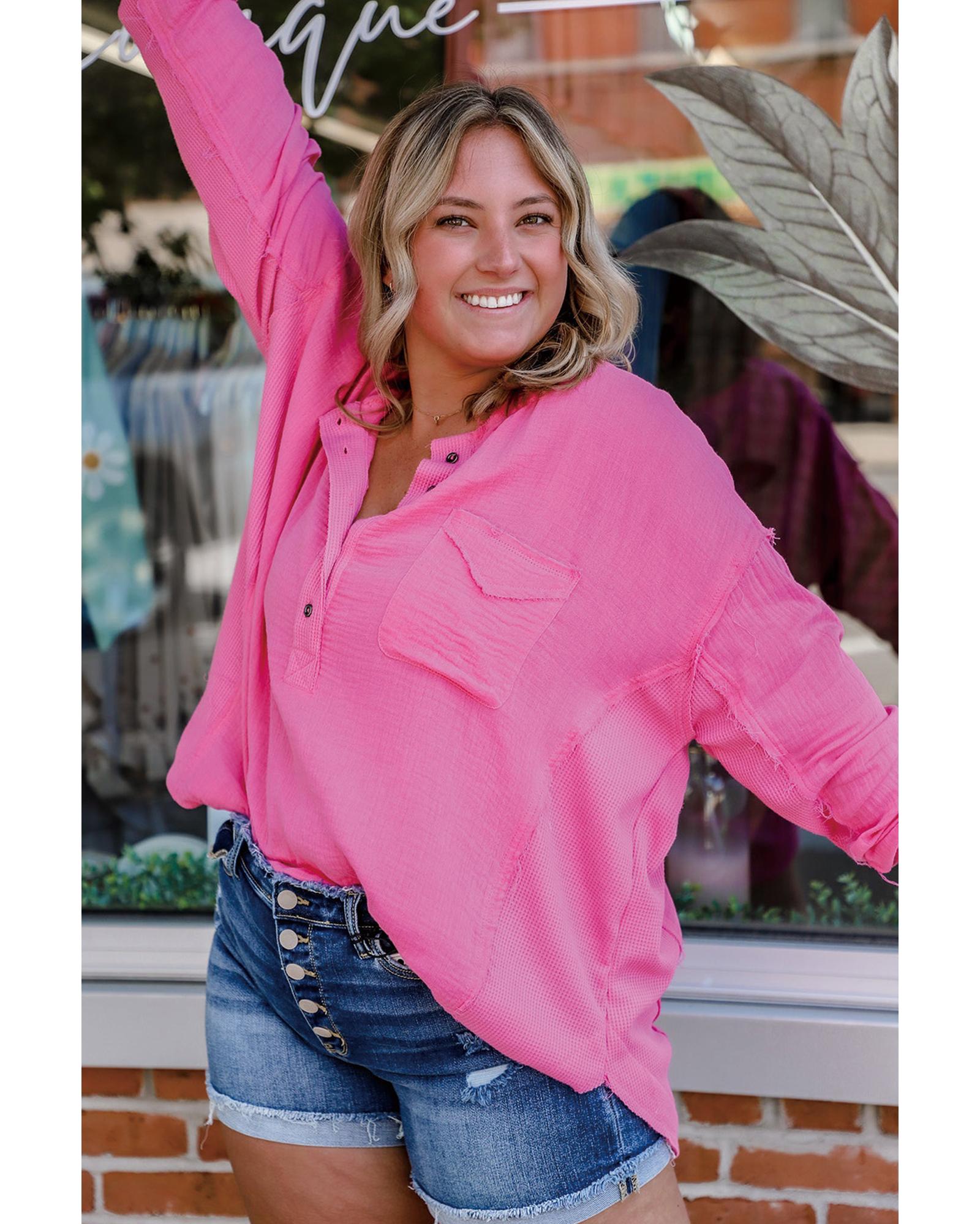 Bonbon Half Buttons Chest Pocket Drop Sleeve Plus Size Top - 3X 7