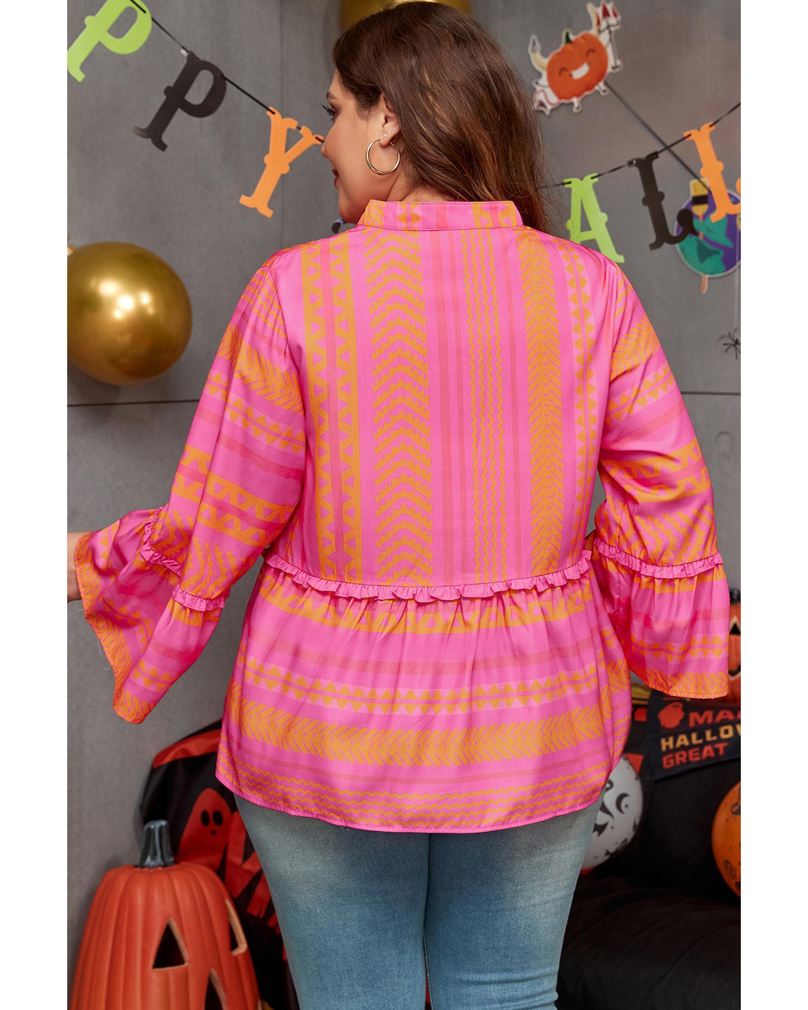 Vitality Orange Plus Size Geometric Printed Bell Sleeve Babydoll Blouse - 1X