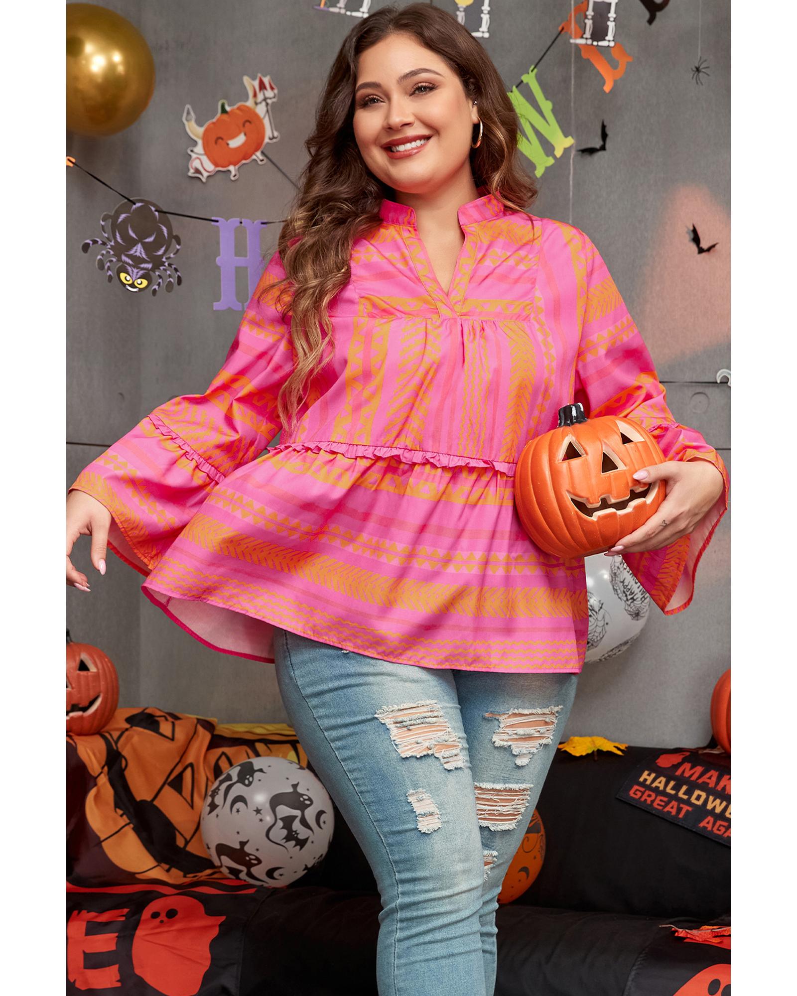 Vitality Orange Plus Size Geometric Printed Bell Sleeve Babydoll Blouse - 1X 8