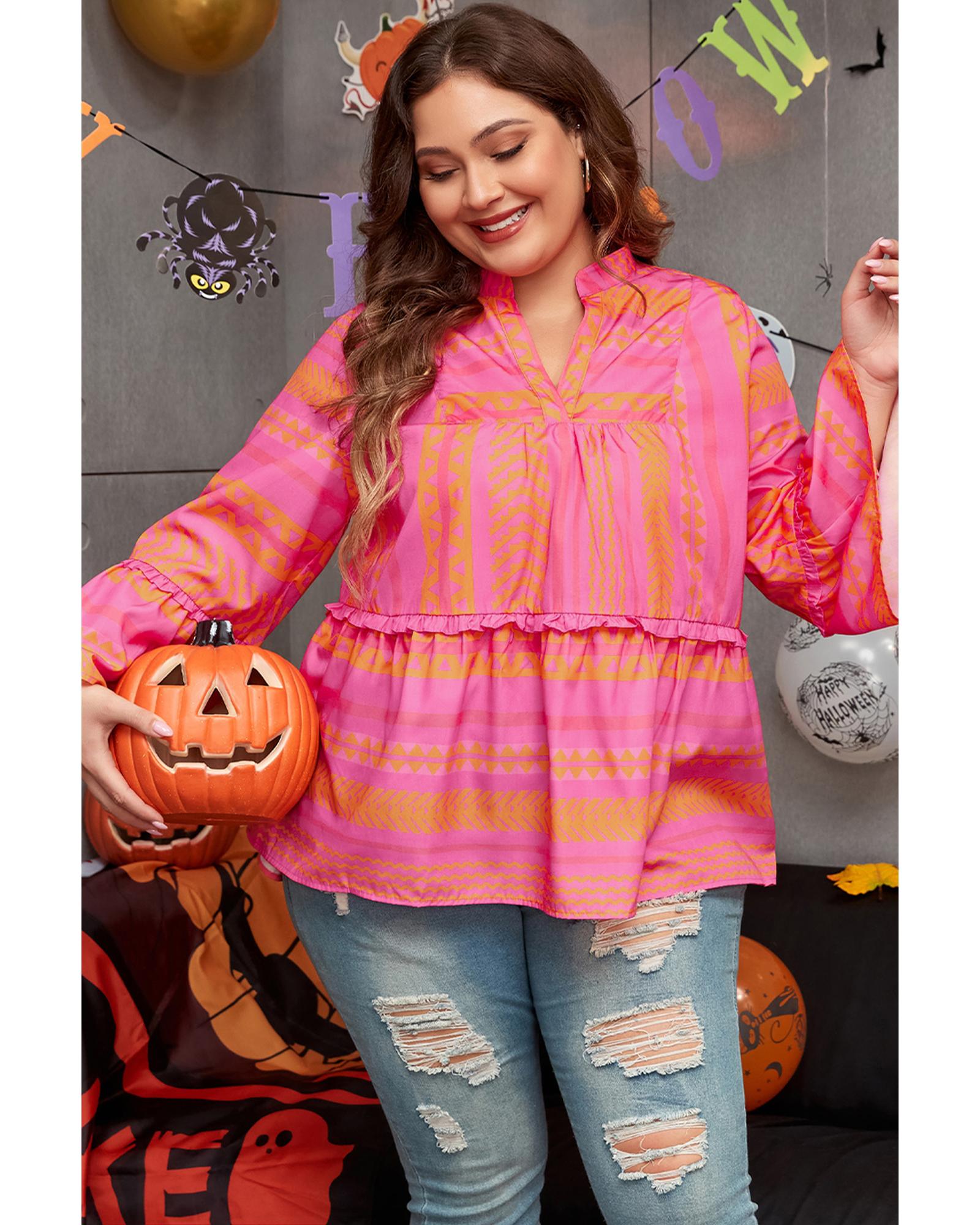 Vitality Orange Plus Size Geometric Printed Bell Sleeve Babydoll Blouse - 2X 3