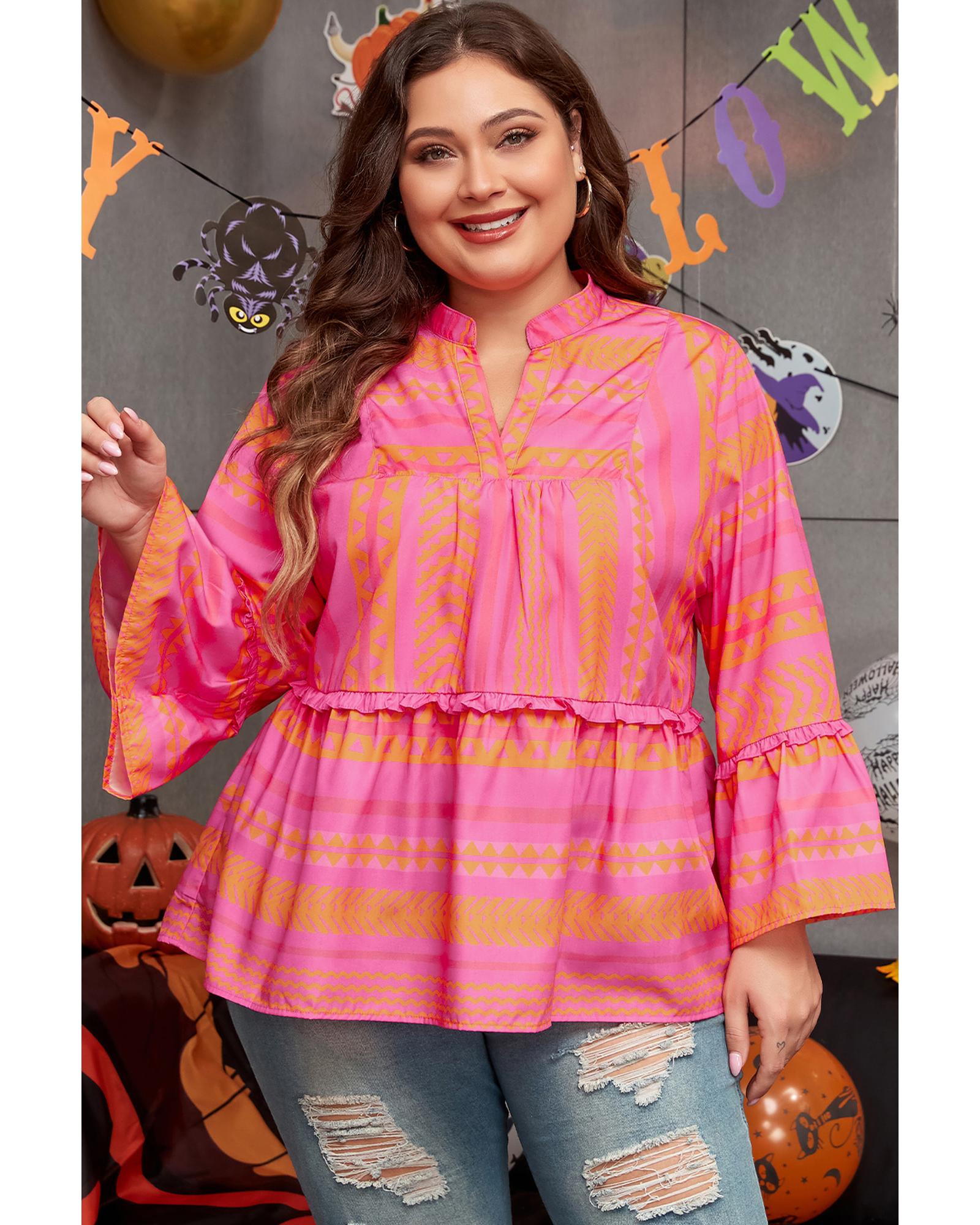 Vitality Orange Plus Size Geometric Printed Bell Sleeve Babydoll Blouse - 2X 7