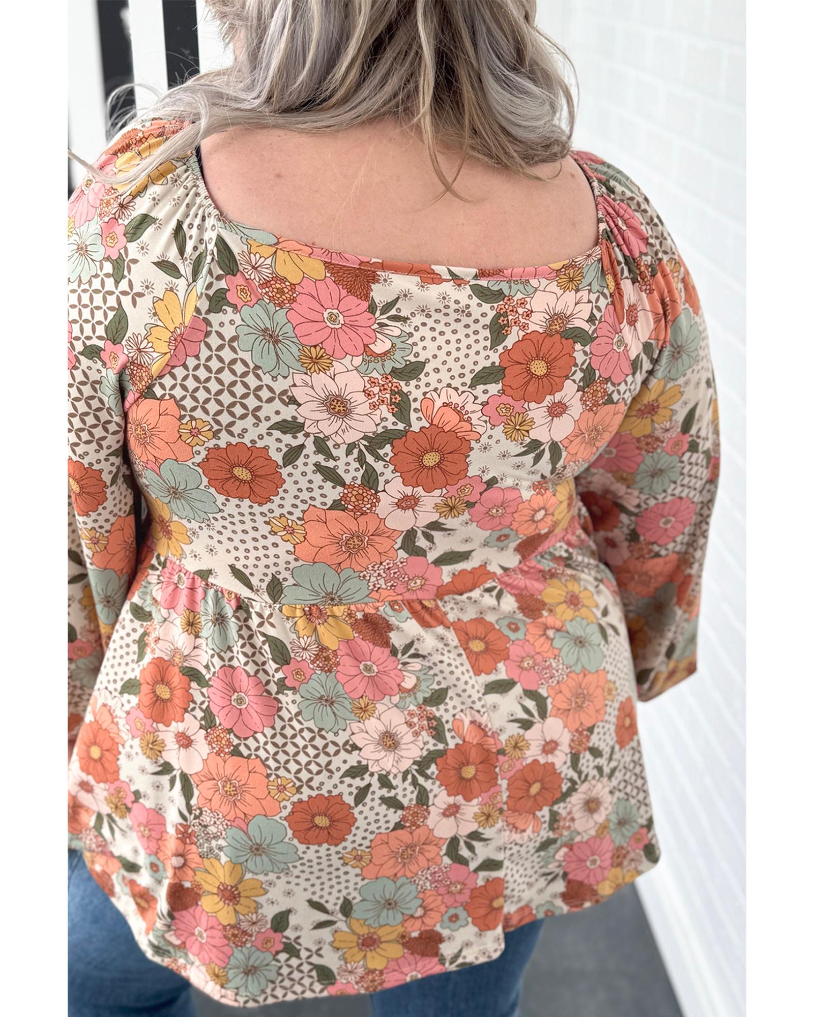 Khaki Plus Size Flower Print Square Neck Peplum Blouse - 1X