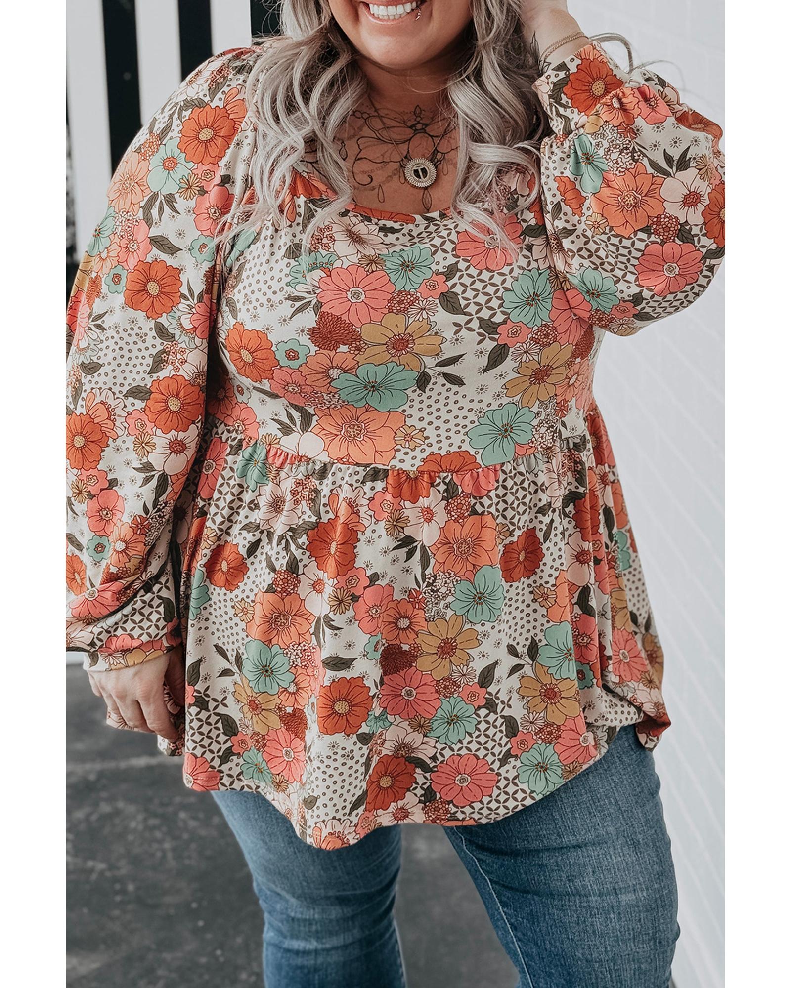 Khaki Plus Size Flower Print Square Neck Peplum Blouse - 2X 3