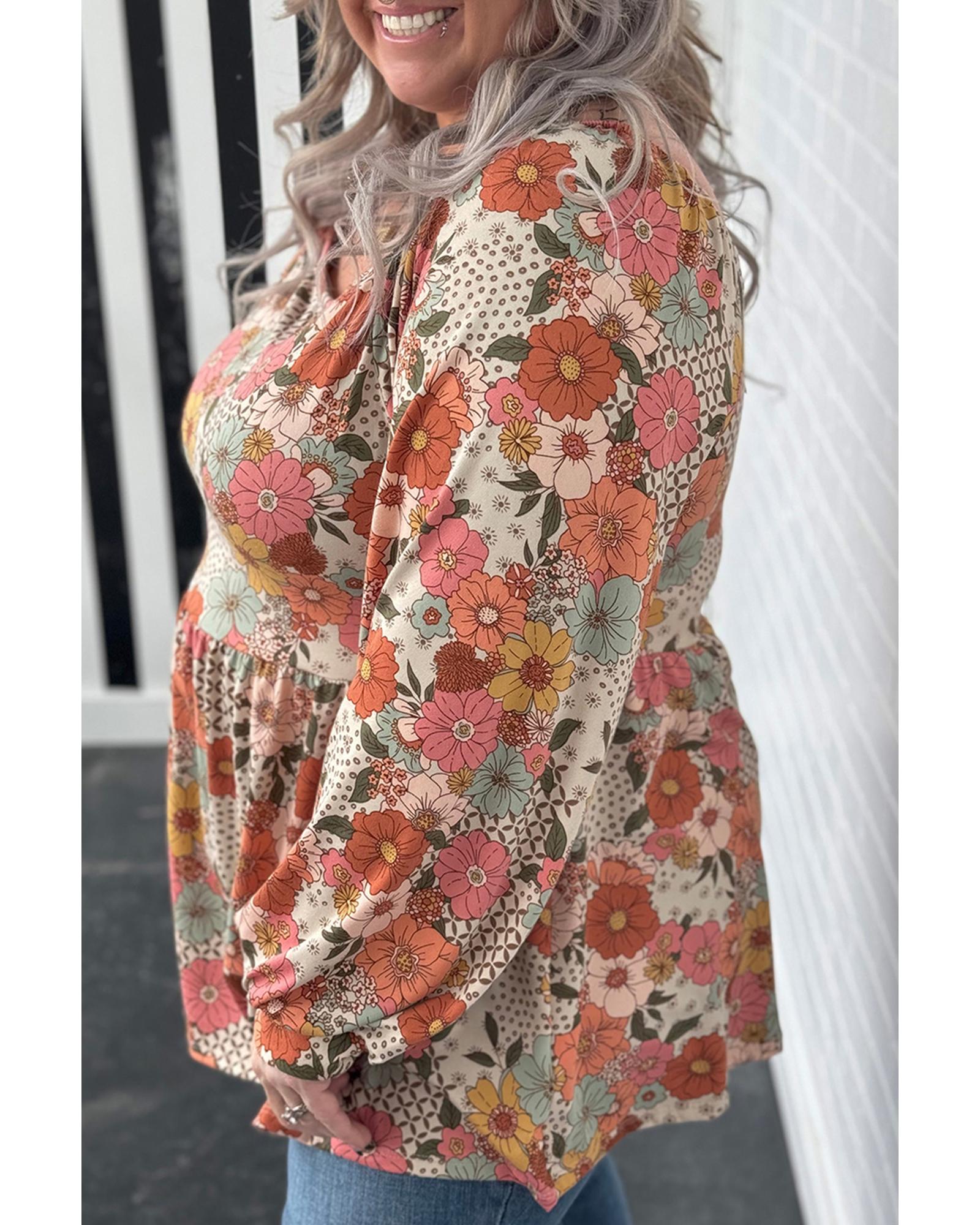 Khaki Plus Size Flower Print Square Neck Peplum Blouse - 2X 4