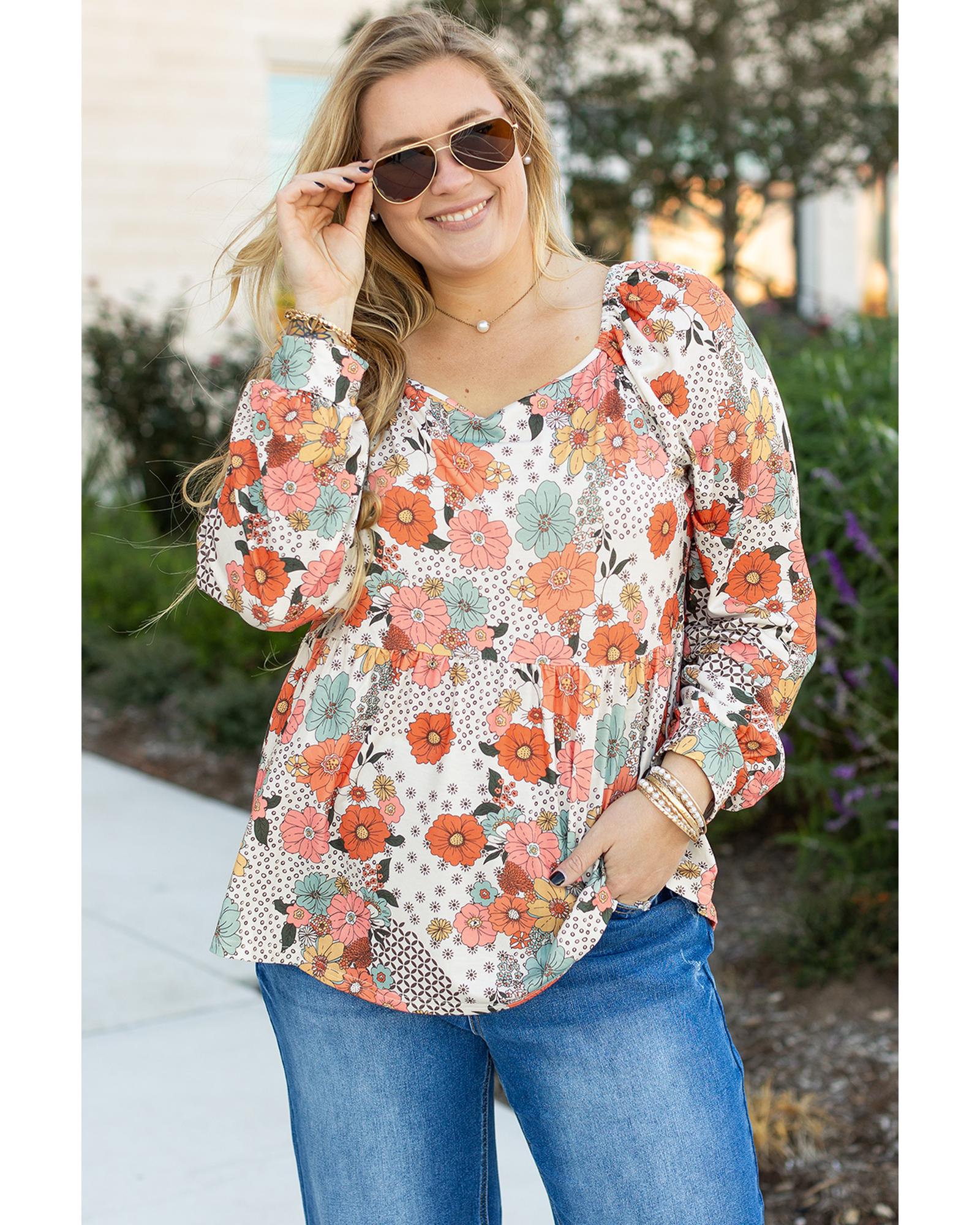 Khaki Plus Size Flower Print Square Neck Peplum Blouse - 3X 5