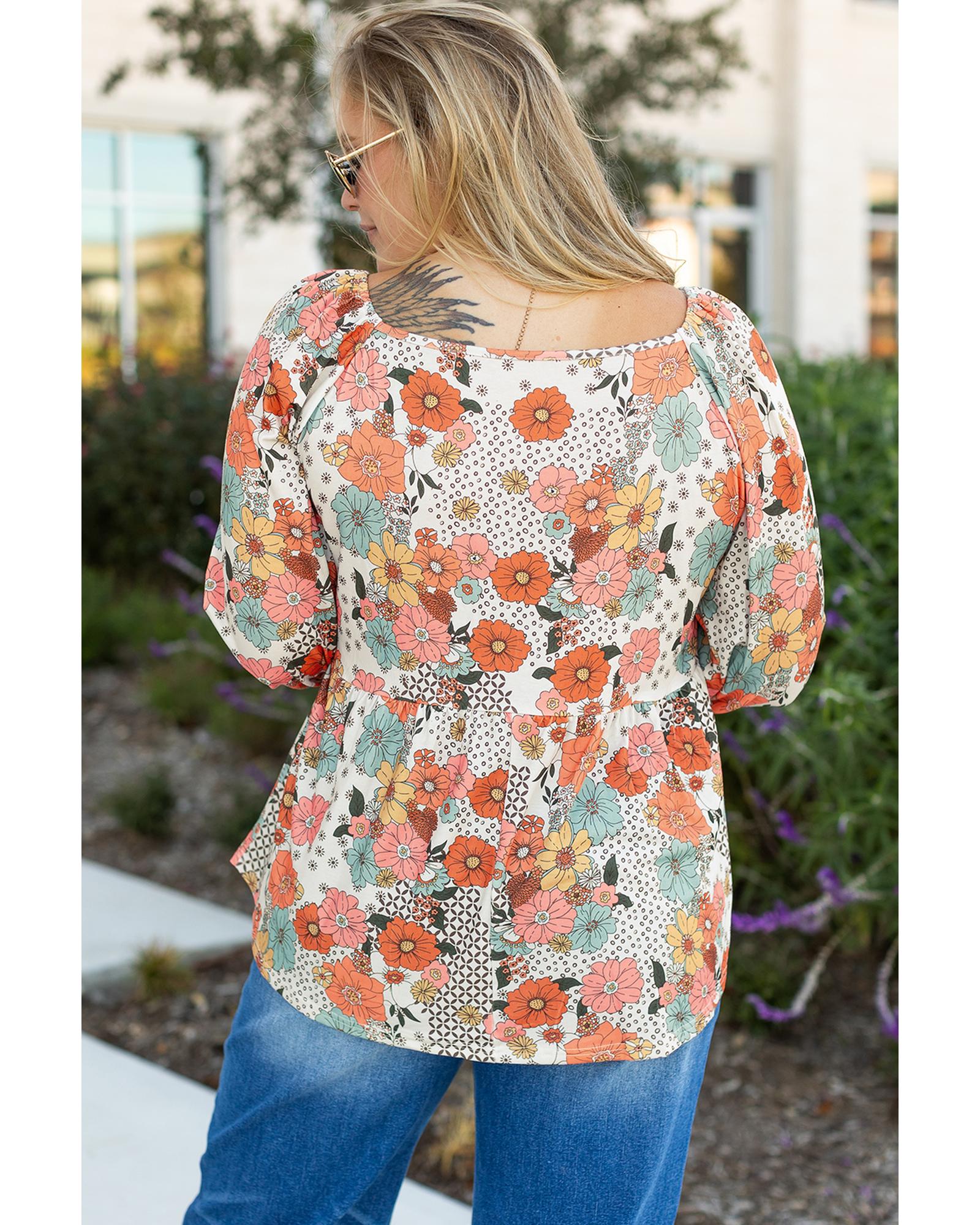 Khaki Plus Size Flower Print Square Neck Peplum Blouse - 3X 7