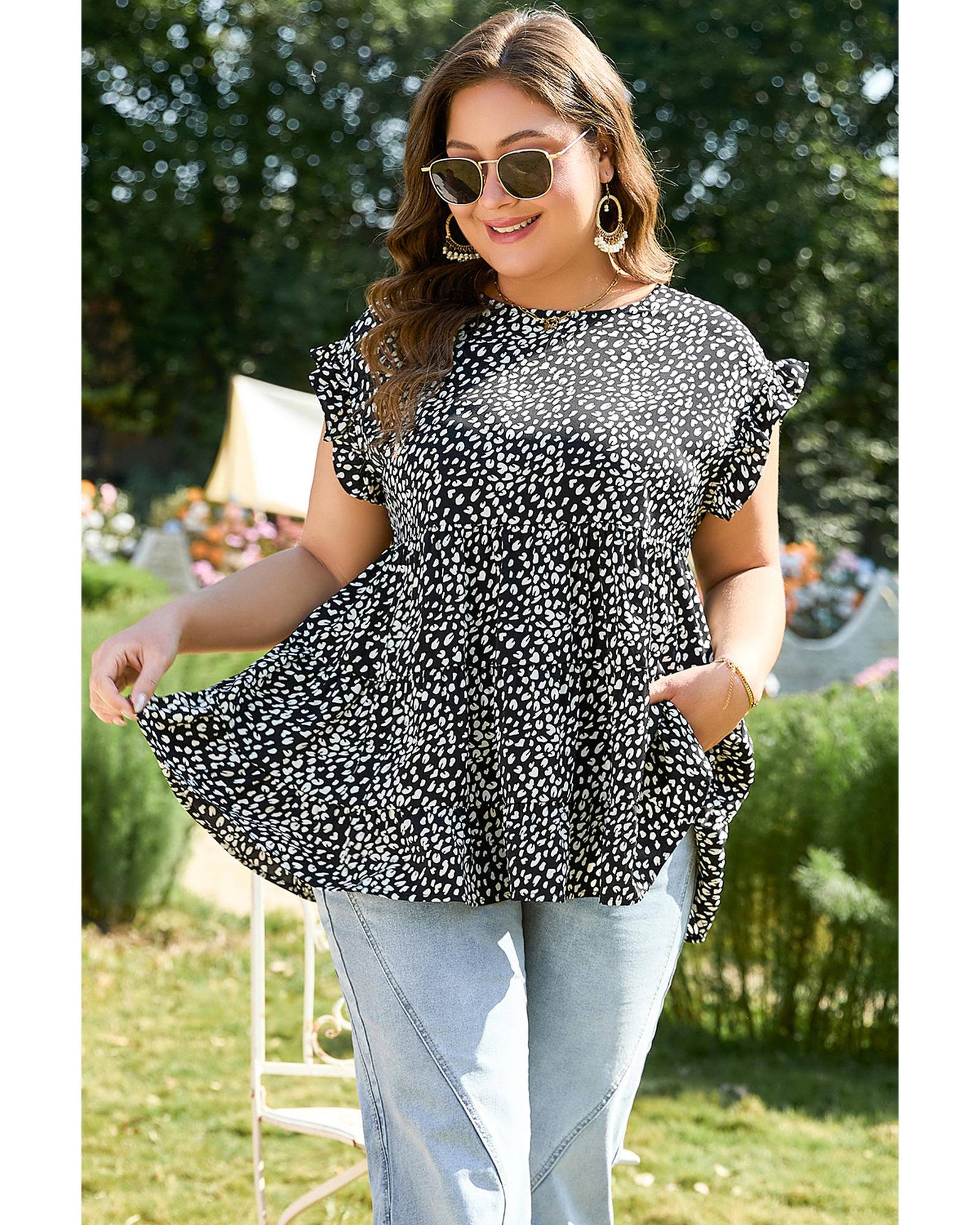 Black Leopard Print Ruffled Short Sleeve Keyhole Back Tiered Flowy Plus Size Blouse - 1X 3
