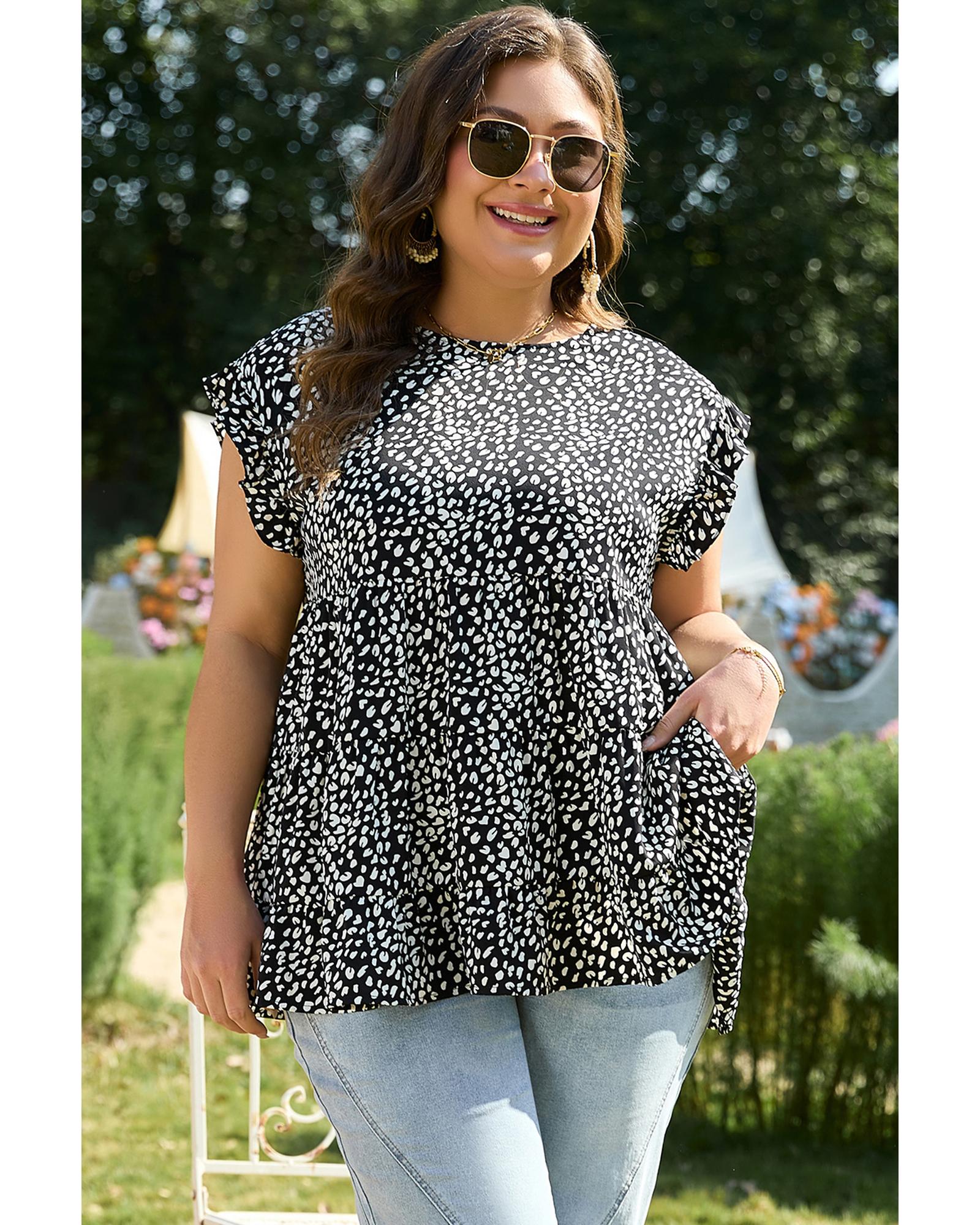Black Leopard Print Ruffled Short Sleeve Keyhole Back Tiered Flowy Plus Size Blouse - 1X 4