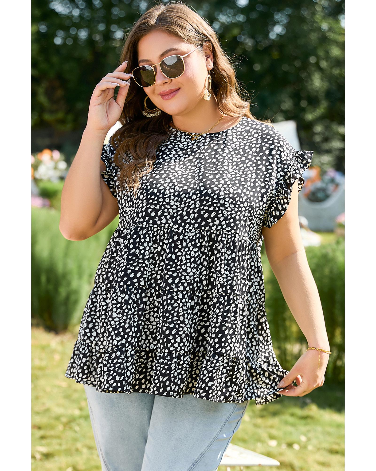 Black Leopard Print Ruffled Short Sleeve Keyhole Back Tiered Flowy Plus Size Blouse - 1X 5