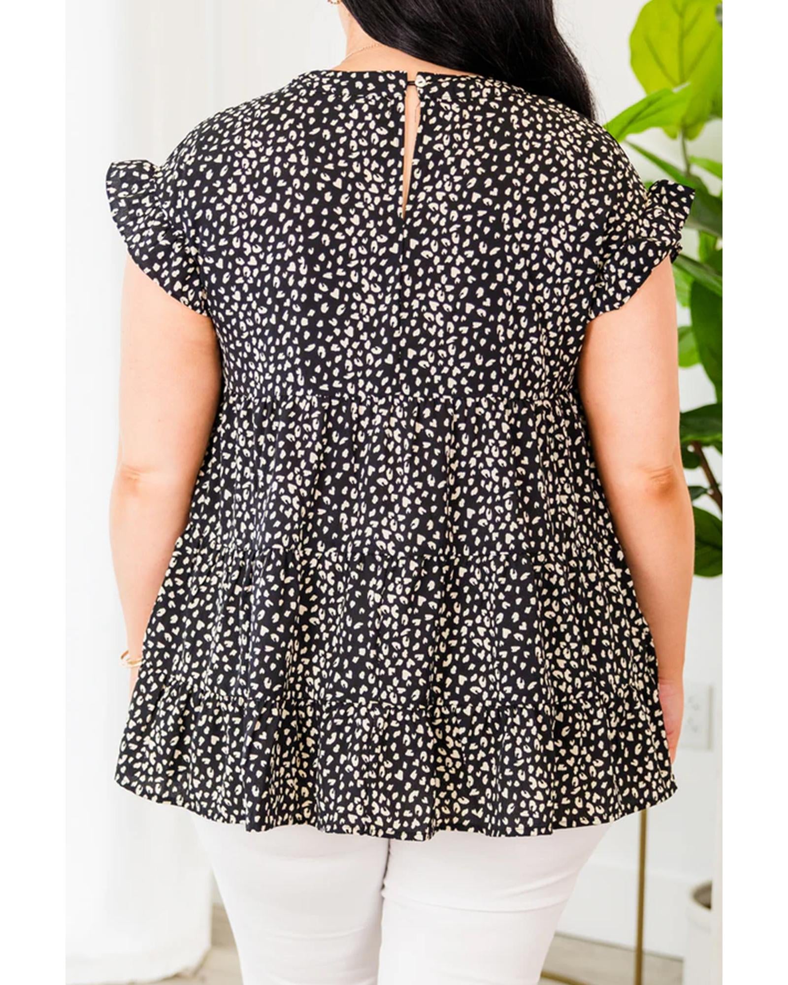 Black Leopard Print Ruffled Short Sleeve Keyhole Back Tiered Flowy Plus Size Blouse - 1X 8