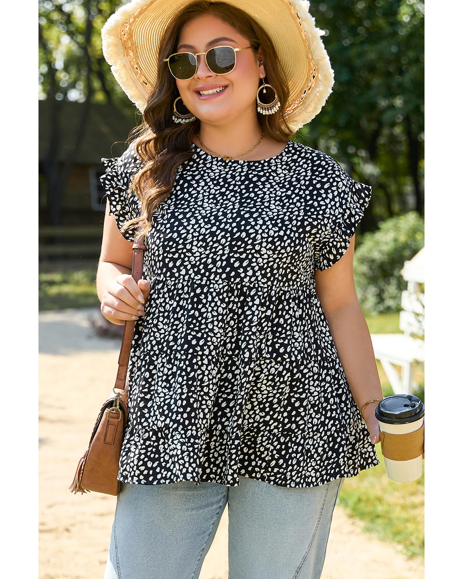 Black Leopard Print Ruffled Short Sleeve Keyhole Back Tiered Flowy Plus Size Blouse - 2X