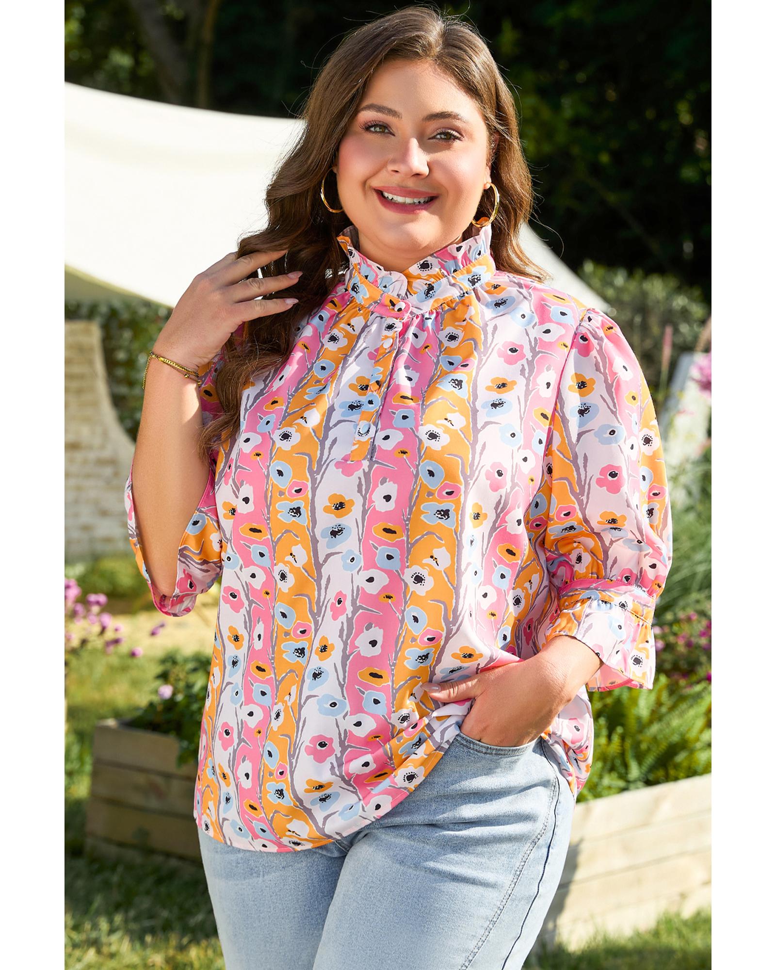 Pink Floral Ruffled Collar Bracelet Sleeve Plus Size Blouse Top - 2X 3