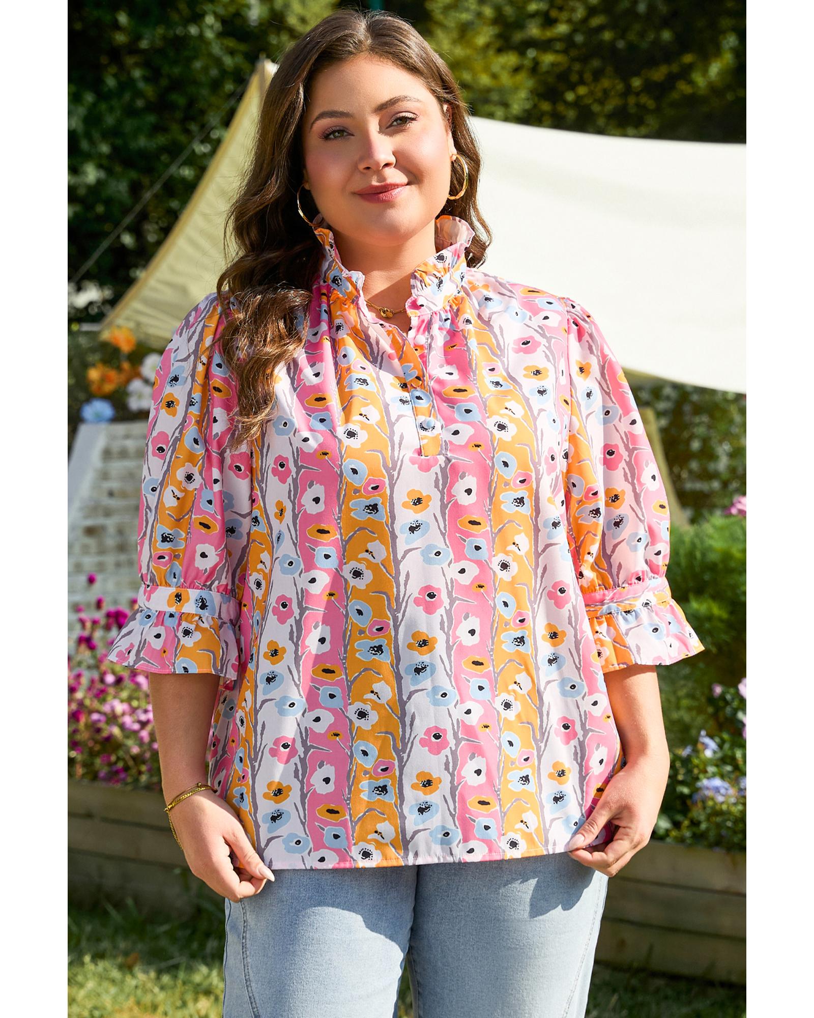 Pink Floral Ruffled Collar Bracelet Sleeve Plus Size Blouse Top - 2X 4