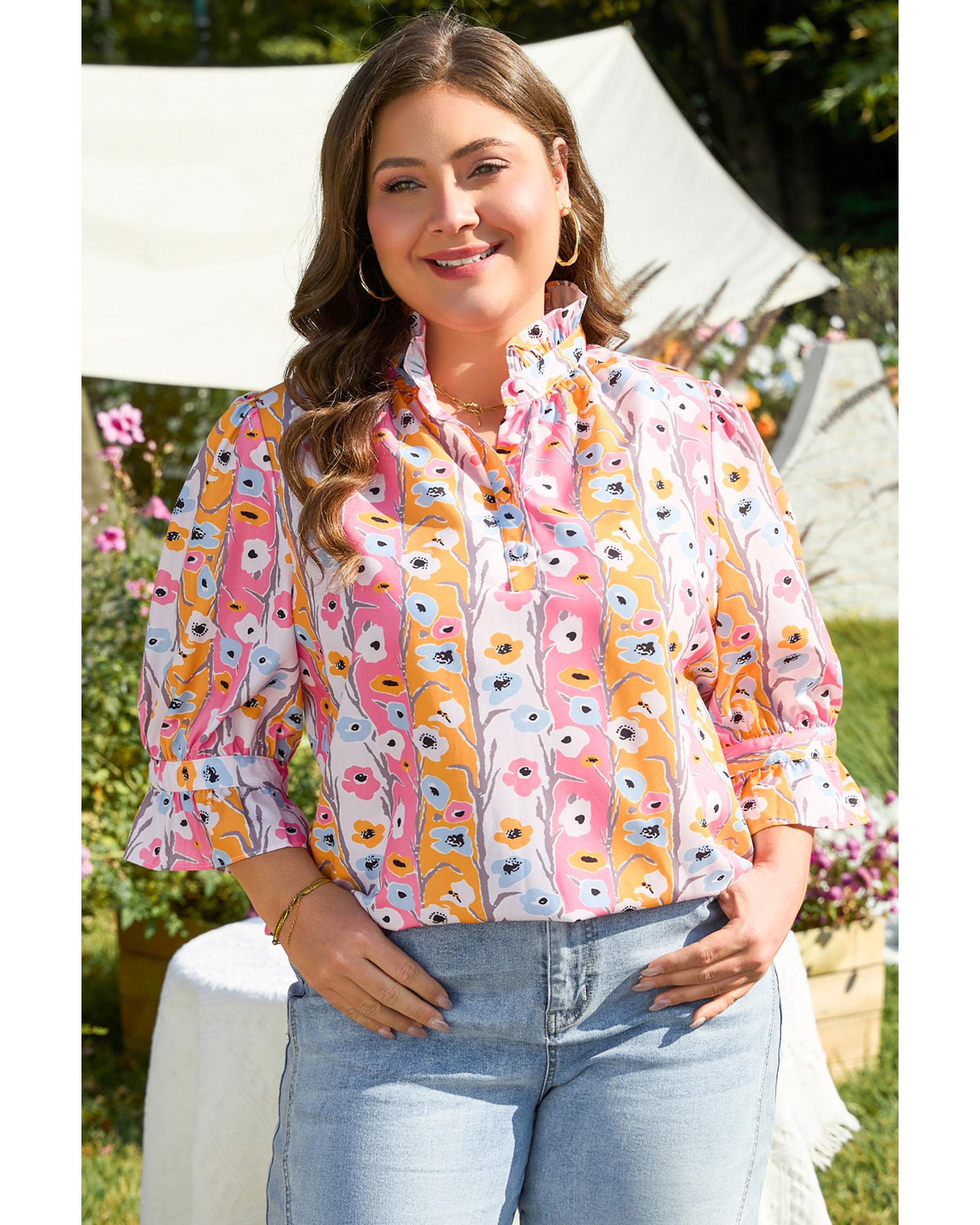 Pink Floral Ruffled Collar Bracelet Sleeve Plus Size Blouse Top - 2X 6
