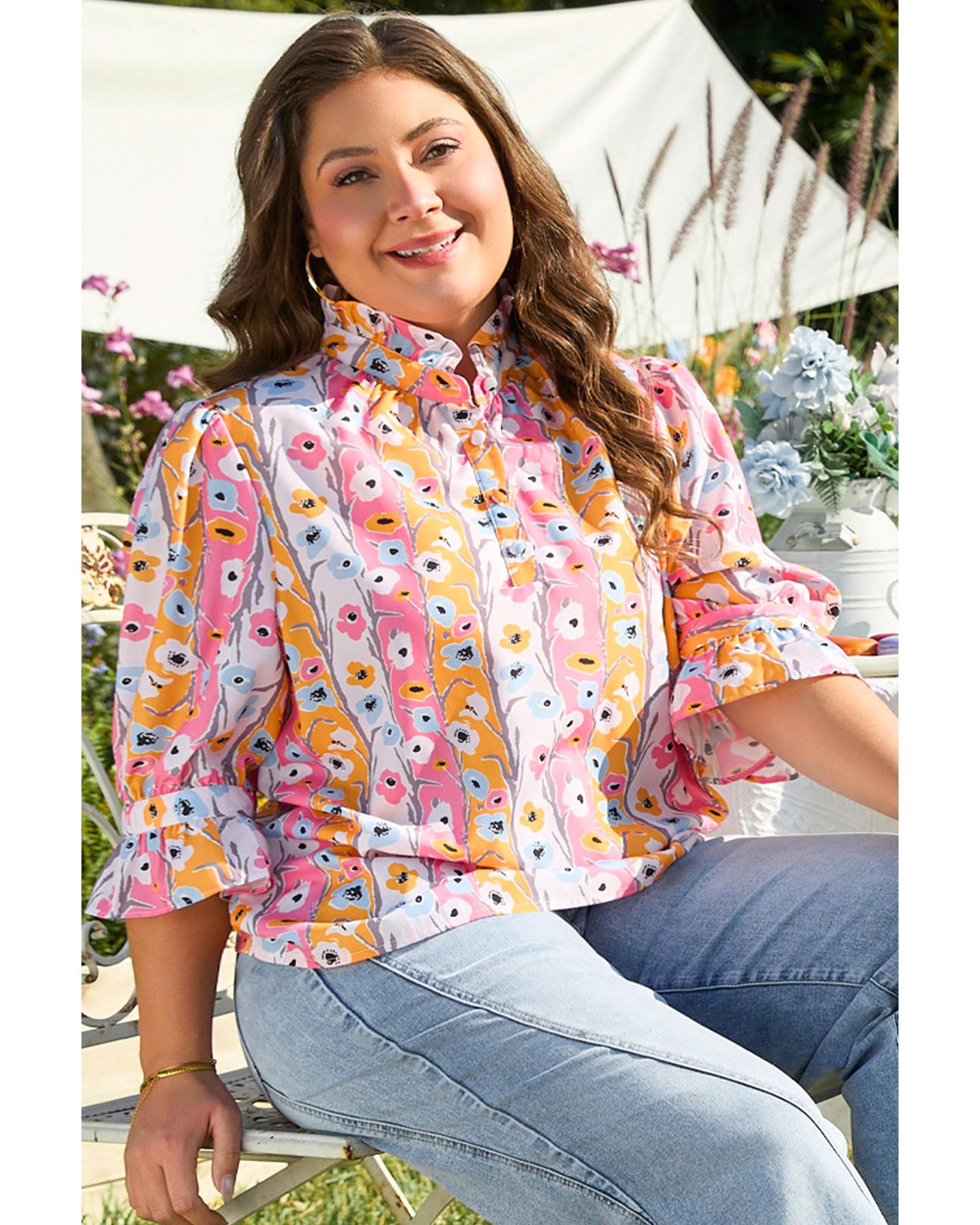 Pink Floral Ruffled Collar Bracelet Sleeve Plus Size Blouse Top - 3X 5