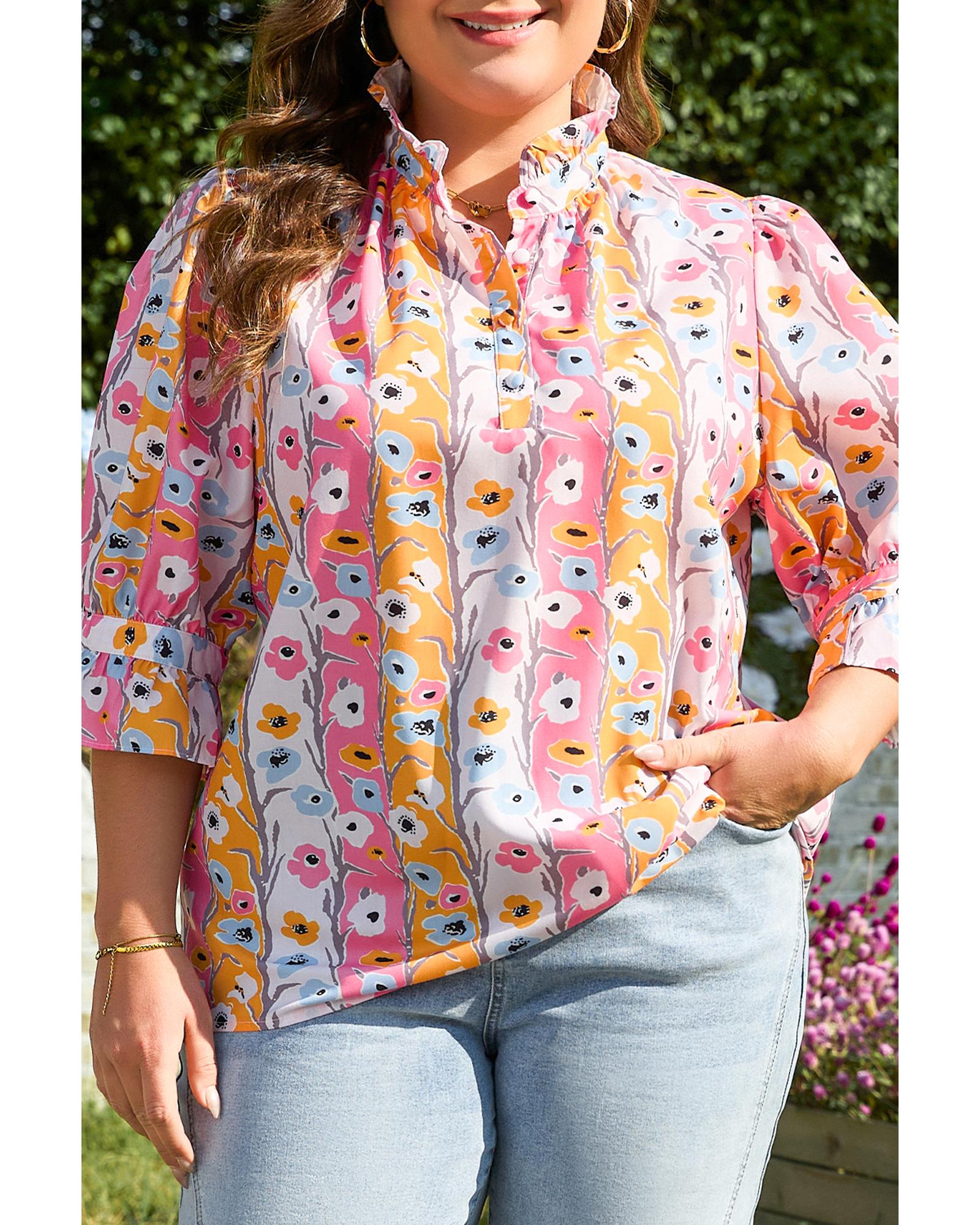 Pink Floral Ruffled Collar Bracelet Sleeve Plus Size Blouse Top - 3X 7