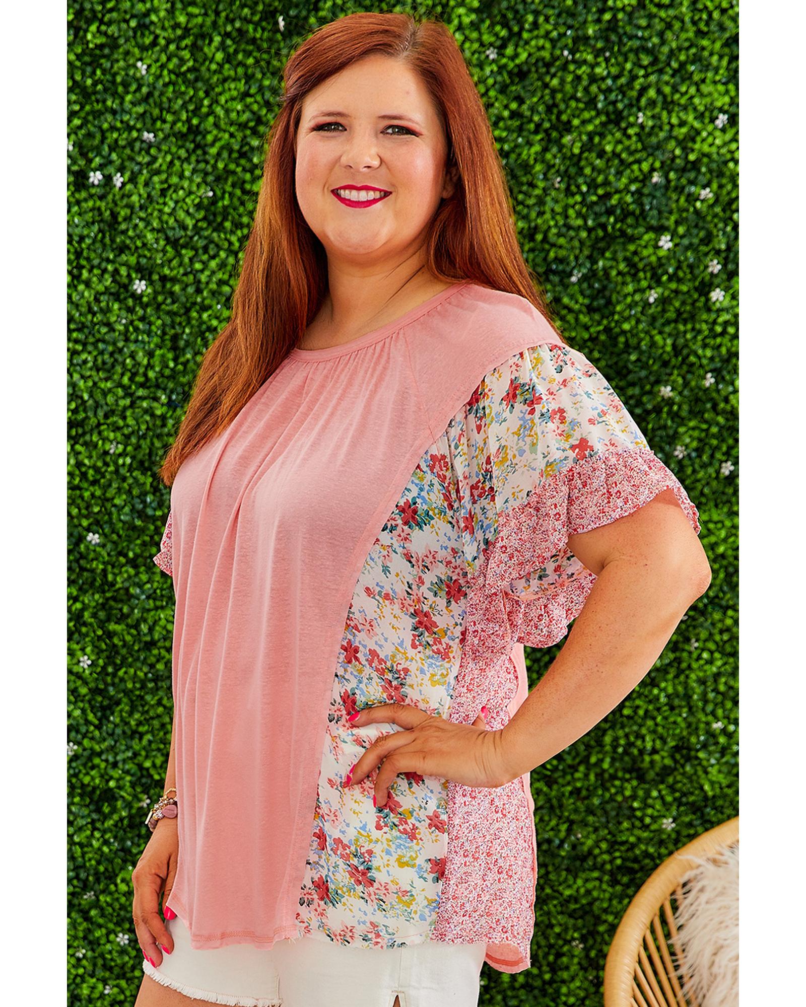 Pink Plus Size Floral Patchwork Ruffled Short Sleeve Blouse - 1X 4