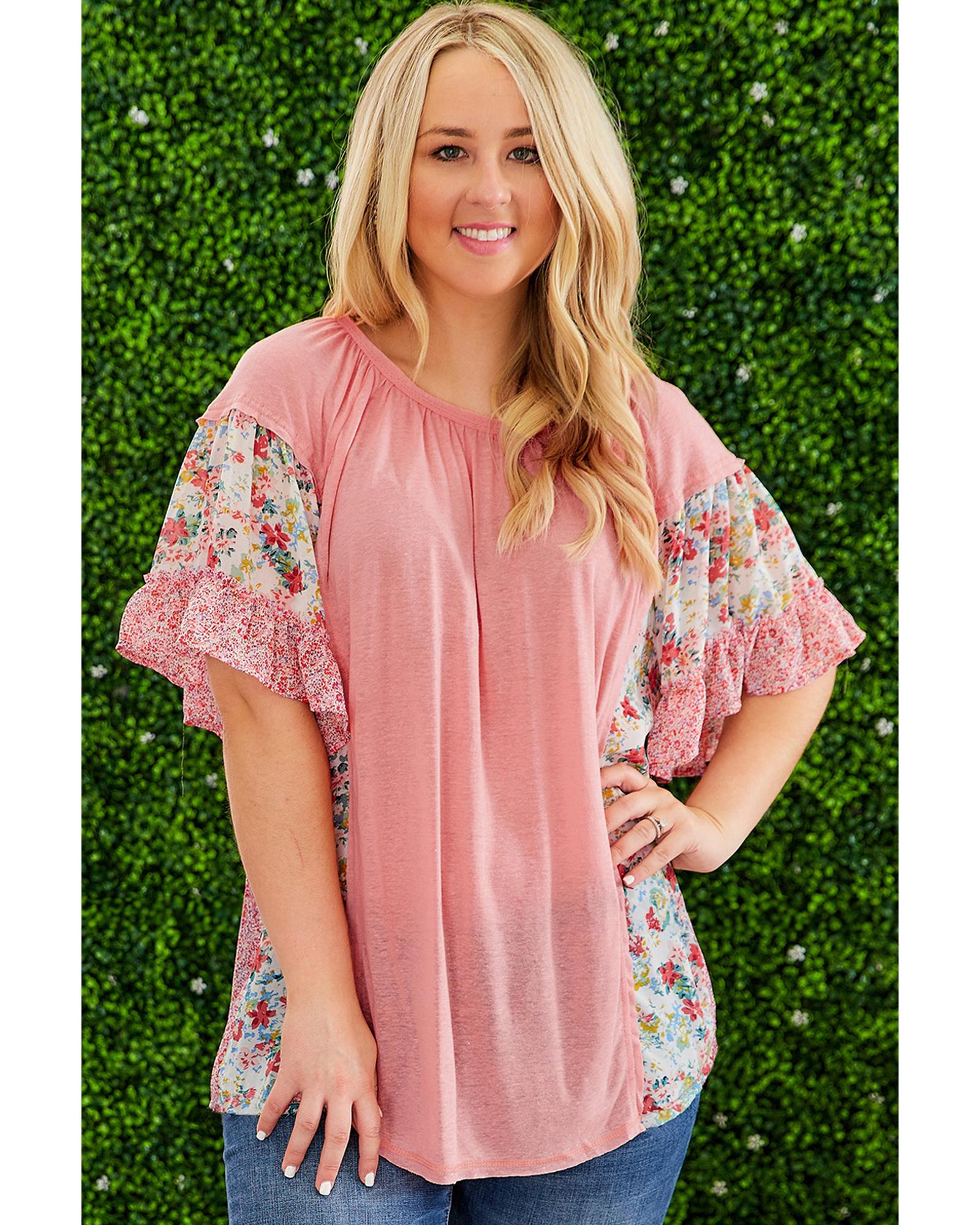Pink Plus Size Floral Patchwork Ruffled Short Sleeve Blouse - 1X 7