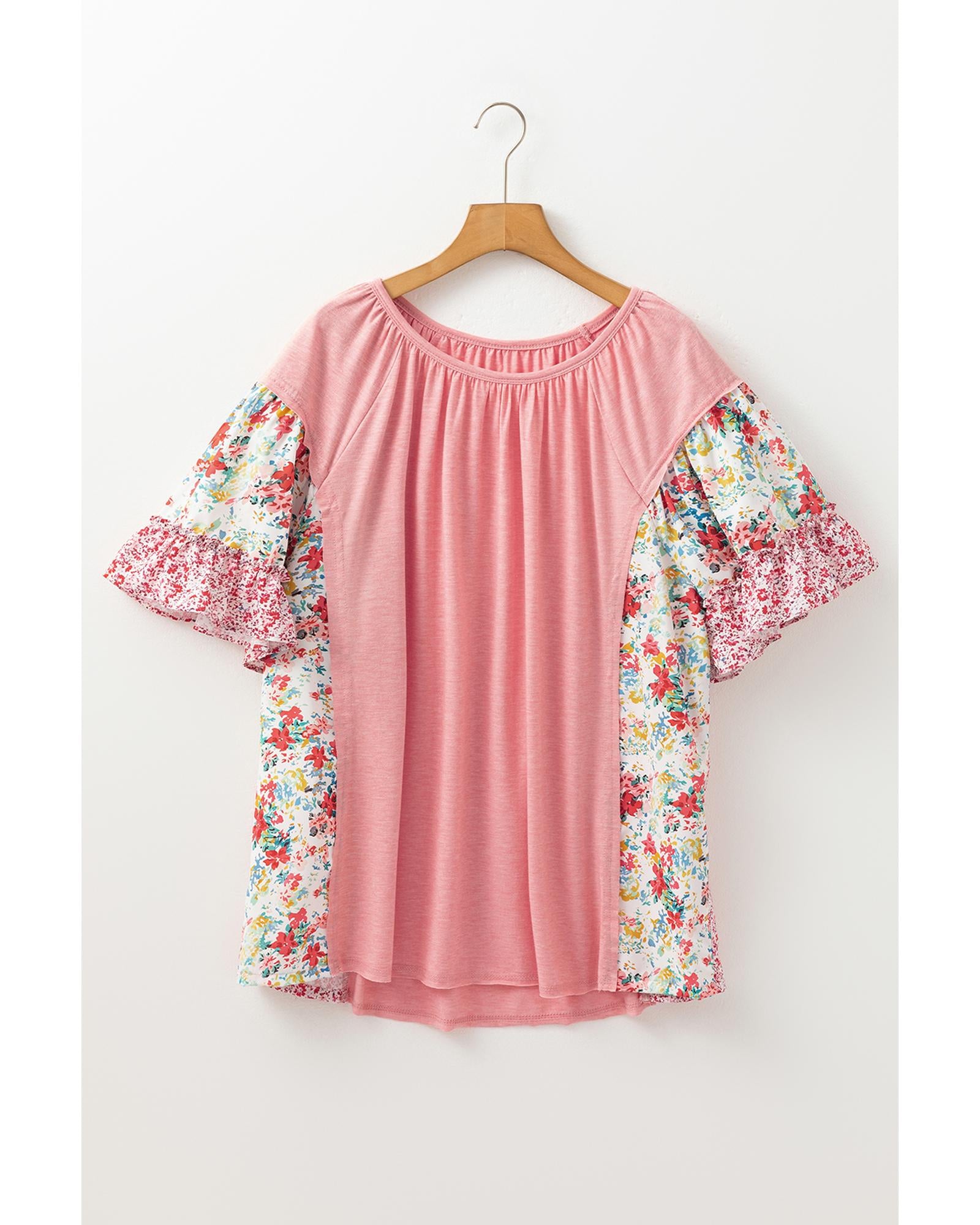 Pink Plus Size Floral Patchwork Ruffled Short Sleeve Blouse - 1X 8