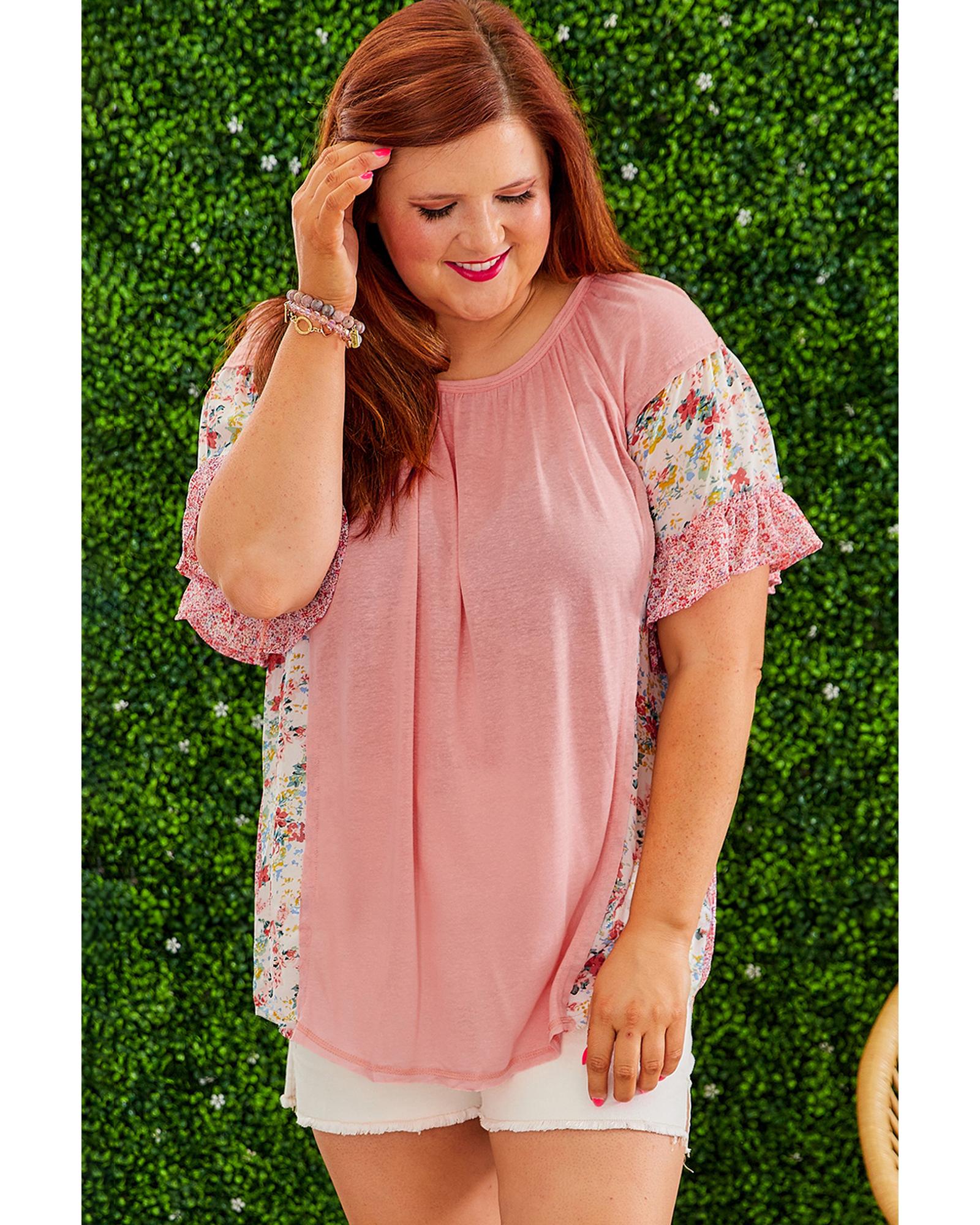 Pink Plus Size Floral Patchwork Ruffled Short Sleeve Blouse - 4X 5