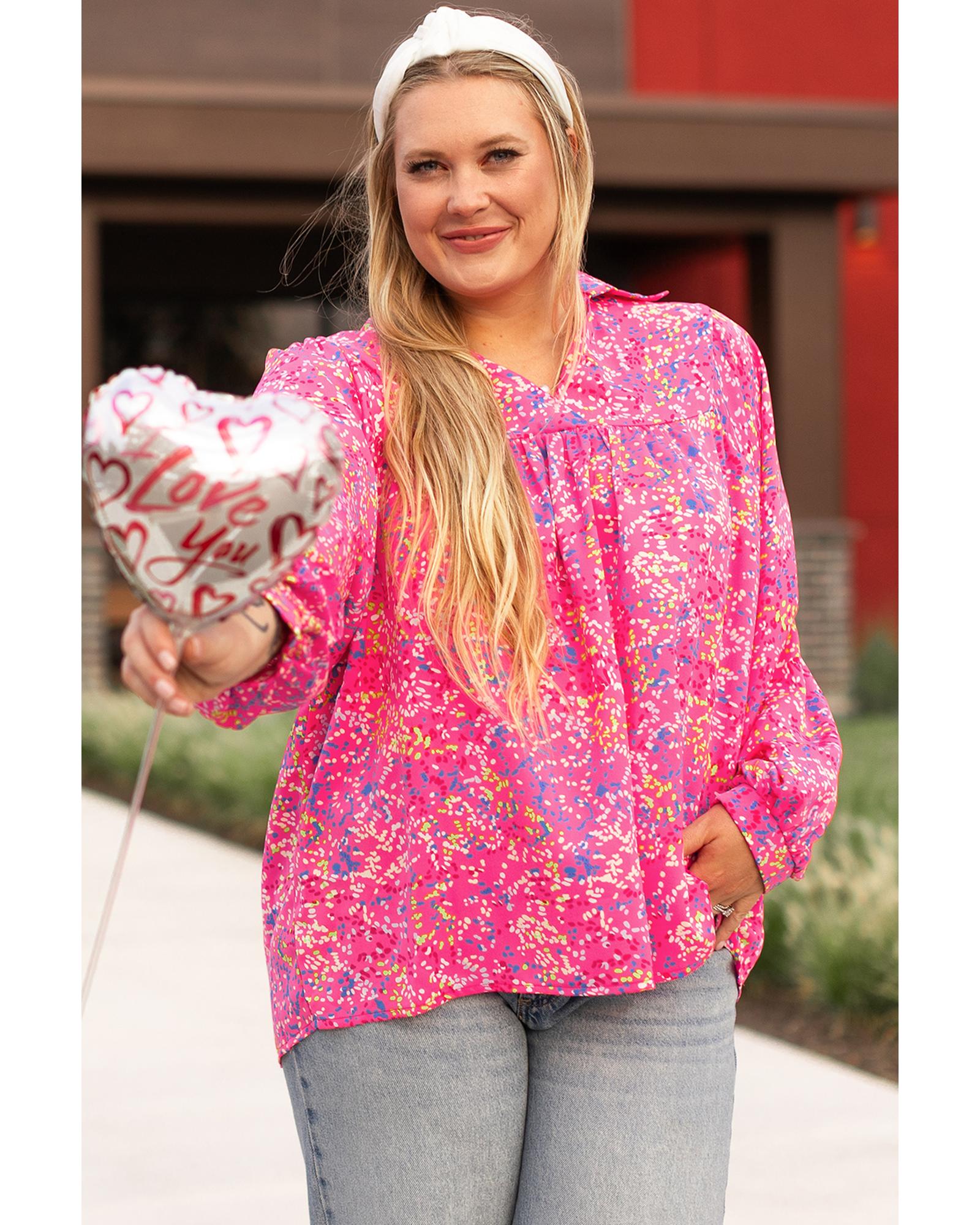 Purple Plus Size Floral Print Puff Sleeve V Neck Blouse - 1X 7
