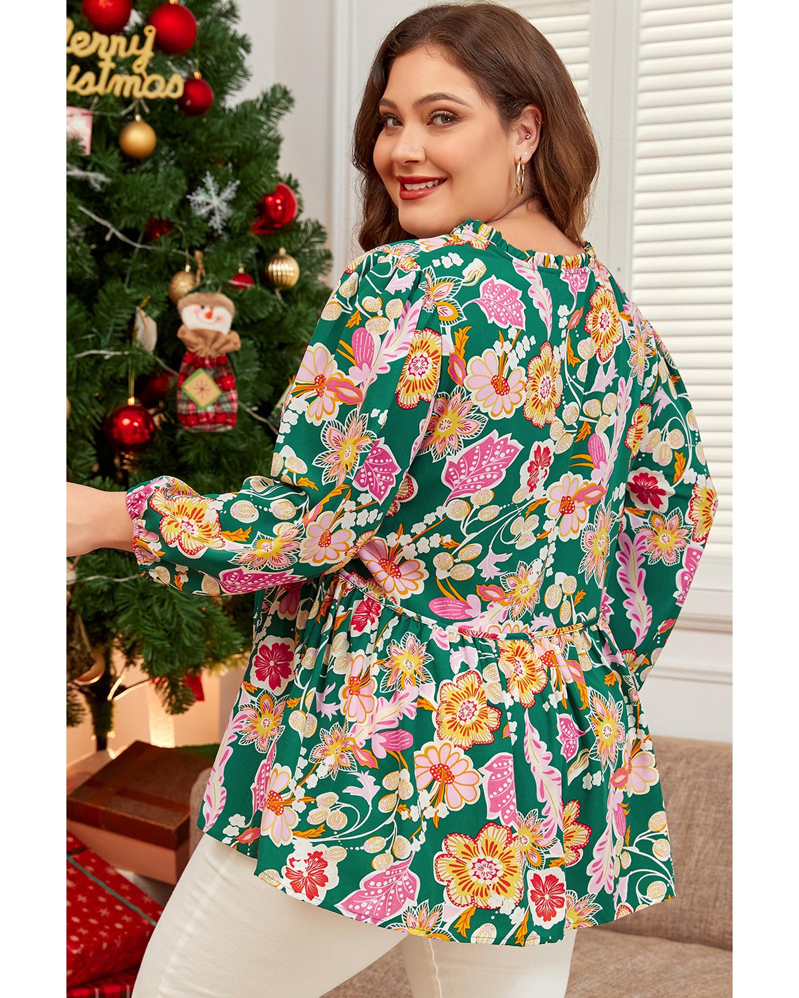 Green Floral Tied V Neck Long Sleeve Plus Size Babydoll Top - 4X 3