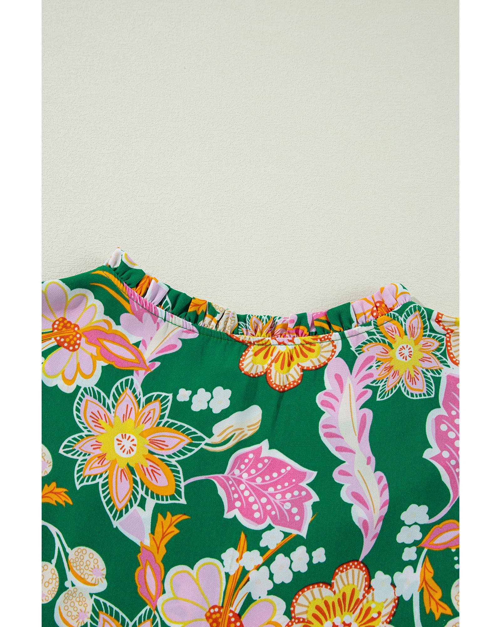 Green Floral Tied V Neck Long Sleeve Plus Size Babydoll Top - 4X 5