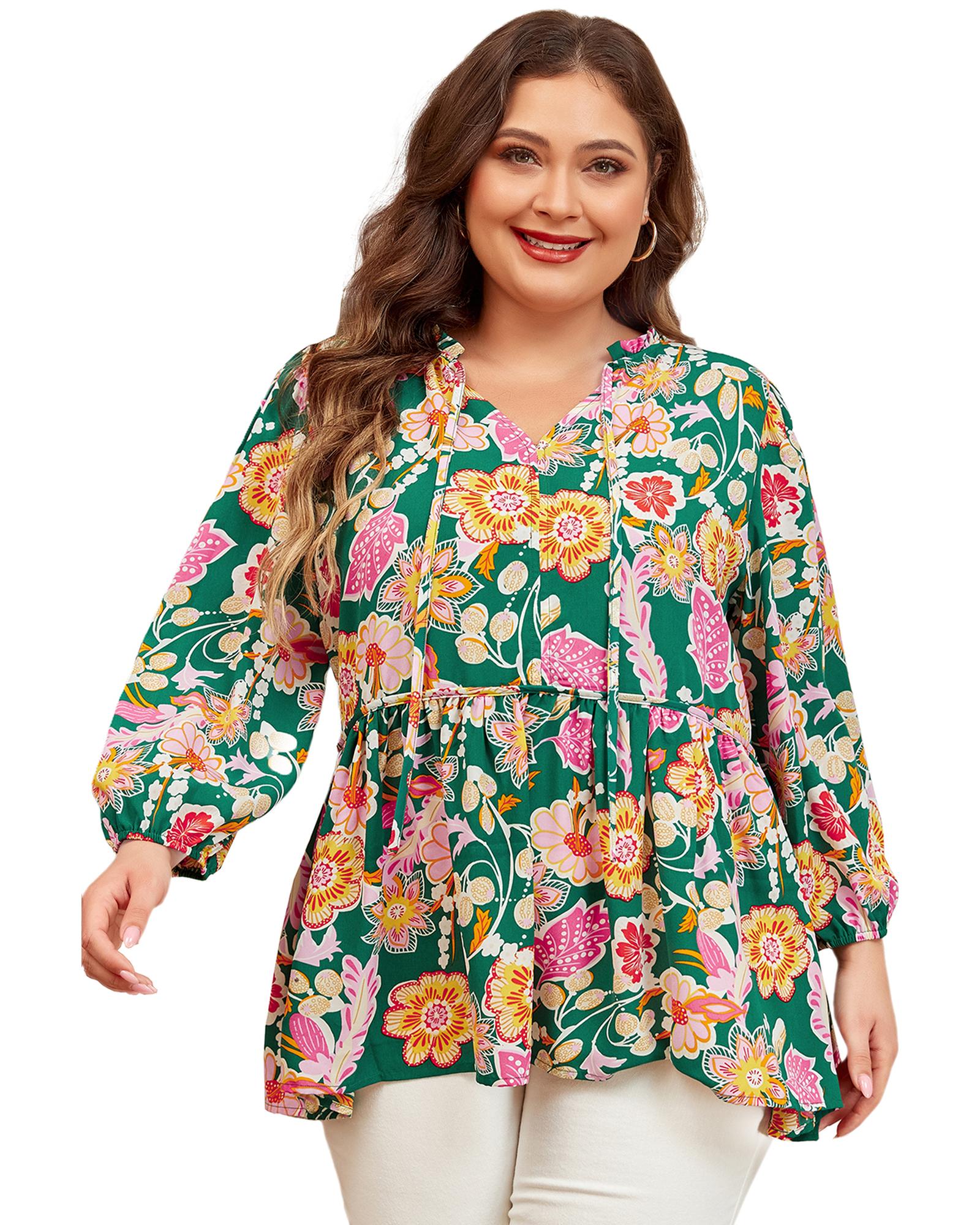 Green Floral Tied V Neck Long Sleeve Plus Size Babydoll Top - 4X 6