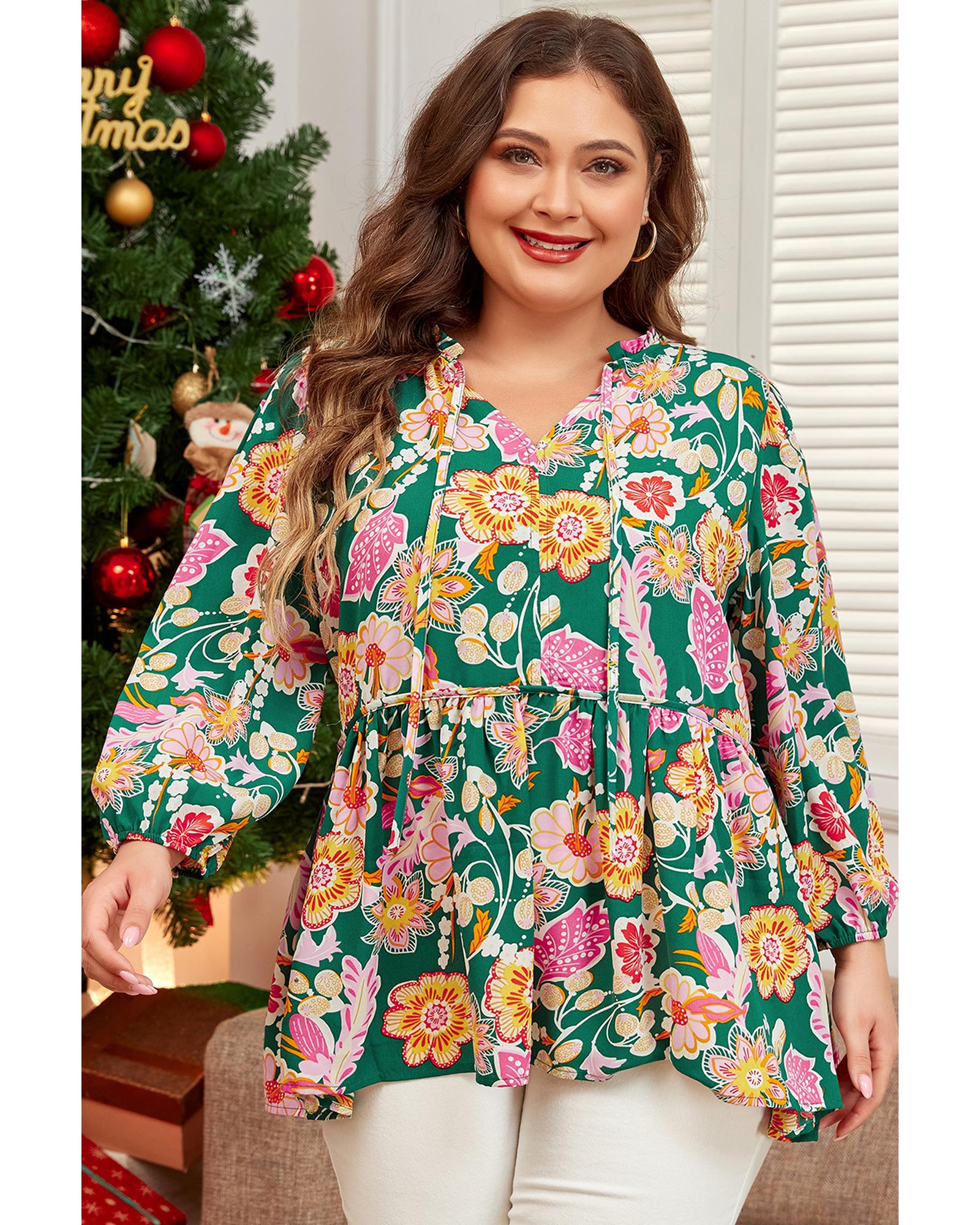 Green Floral Tied V Neck Long Sleeve Plus Size Babydoll Top - 4X 7