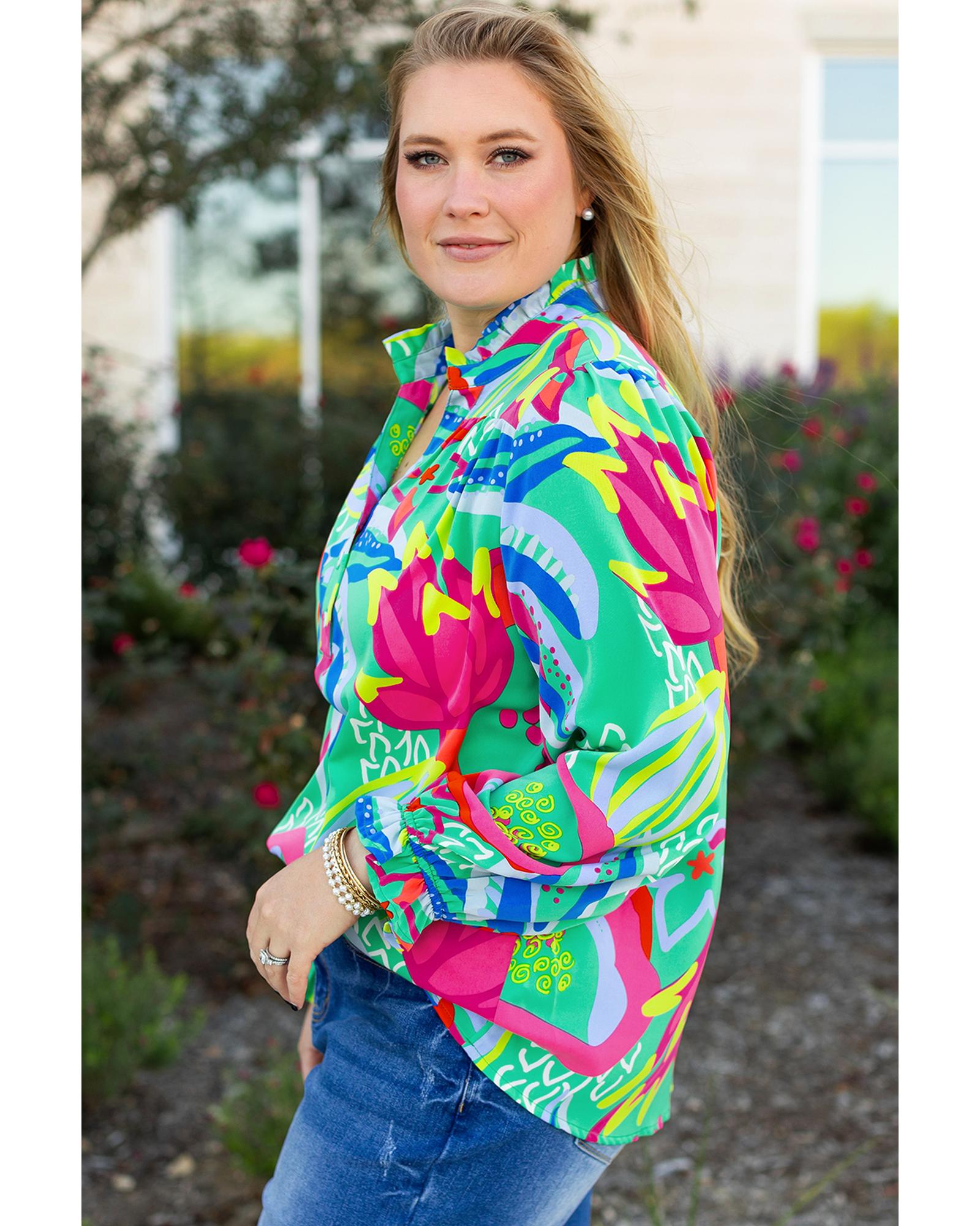Green Abstract Printed Flounce Sleeve V Neck Buttoned Plus Size Blouse - 2X 4
