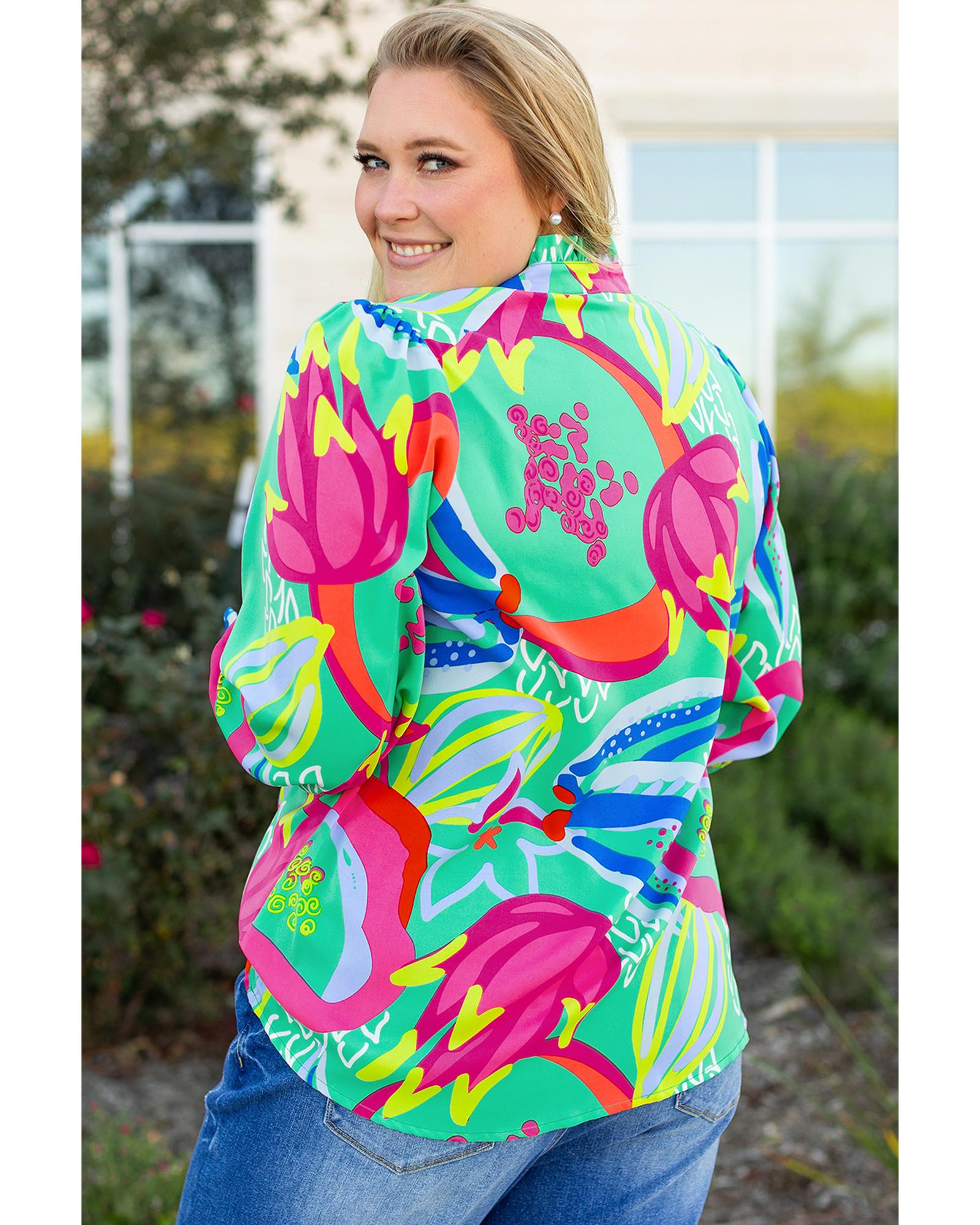 Green Abstract Printed Flounce Sleeve V Neck Buttoned Plus Size Blouse - 3X 3