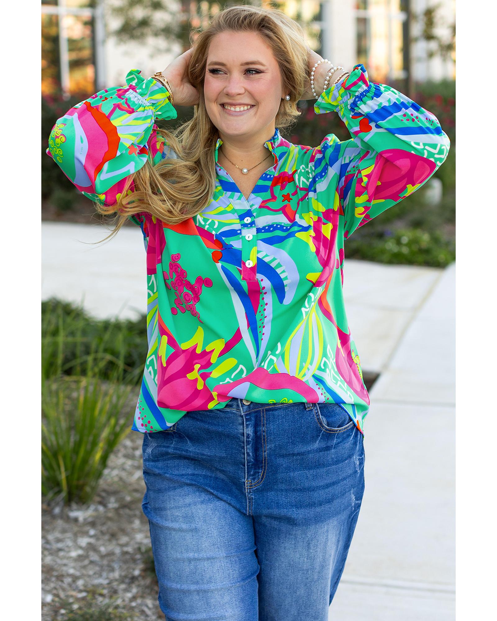 Green Abstract Printed Flounce Sleeve V Neck Buttoned Plus Size Blouse - 3X 6