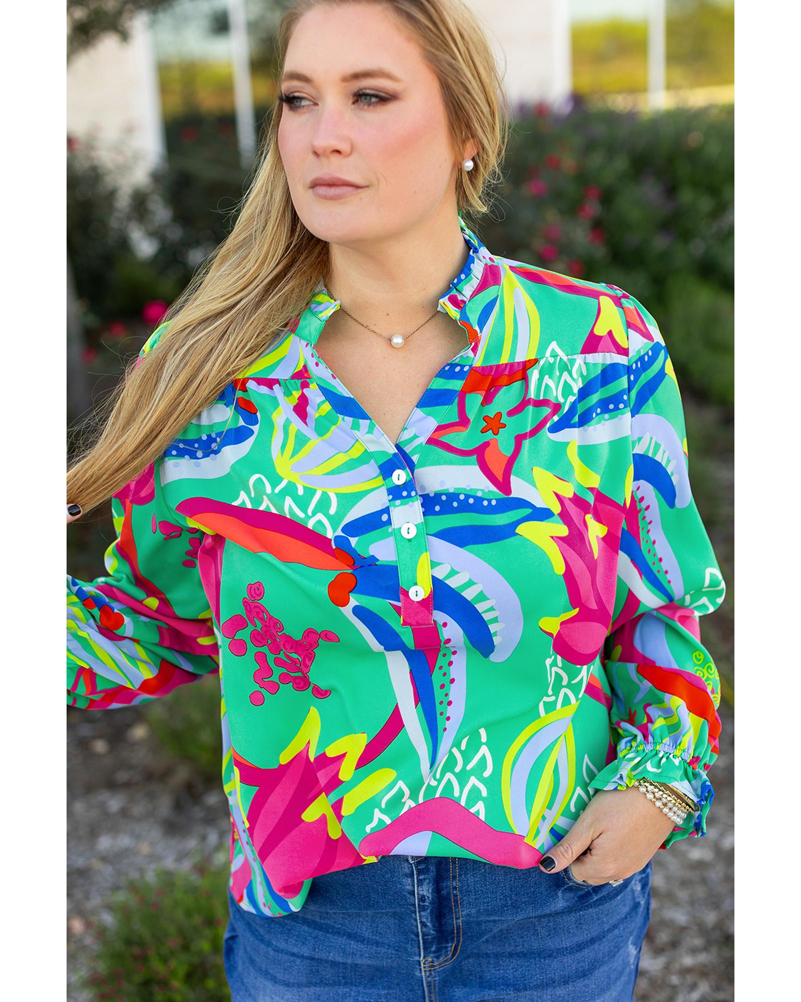 Green Abstract Printed Flounce Sleeve V Neck Buttoned Plus Size Blouse - 4X 5