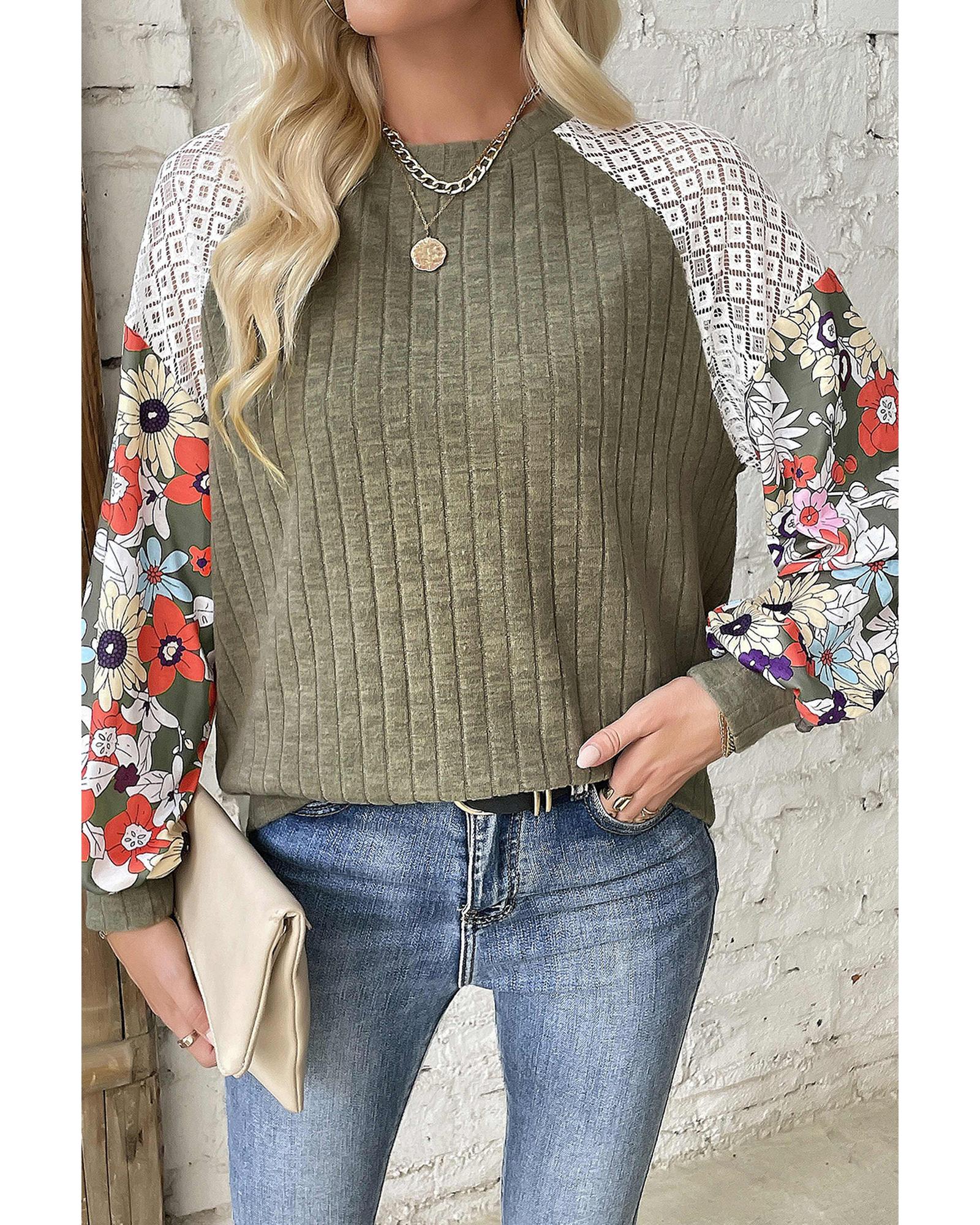 Vineyard Green Plus Size Textured Floral Patchwork Raglan Sleeve Blouse - 4X 6