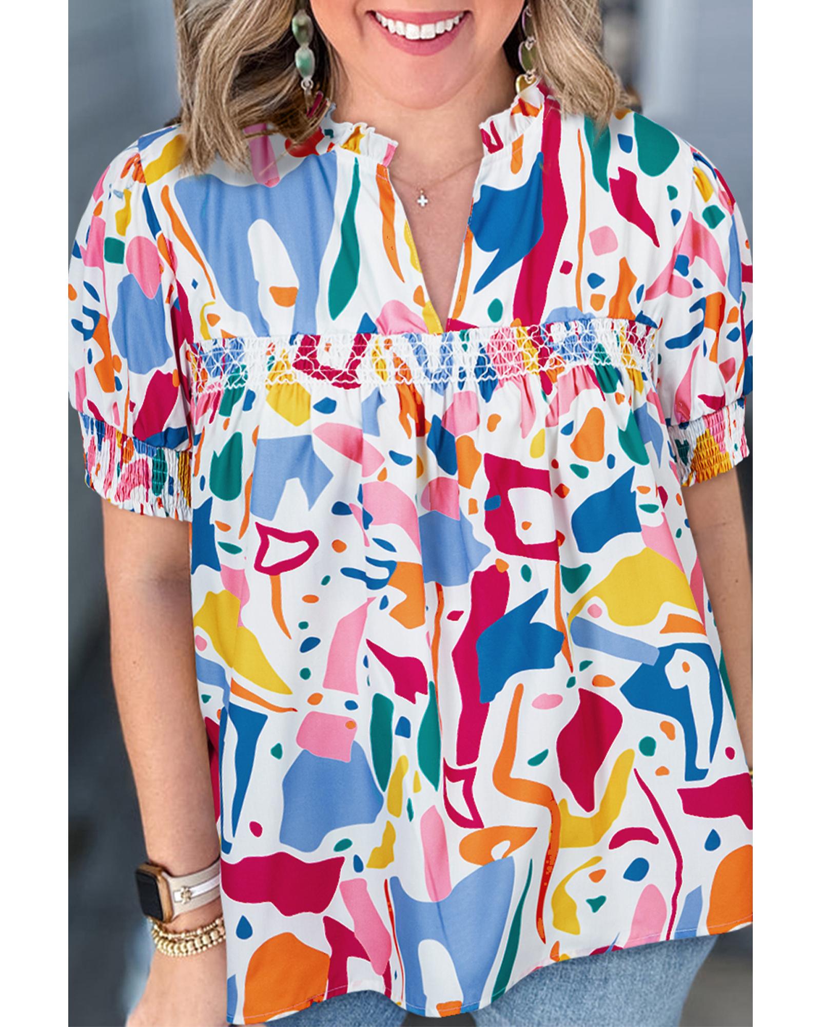 White Abstract Print Shirred Cuff Puff Sleeve Plus Size Blouse - 3X