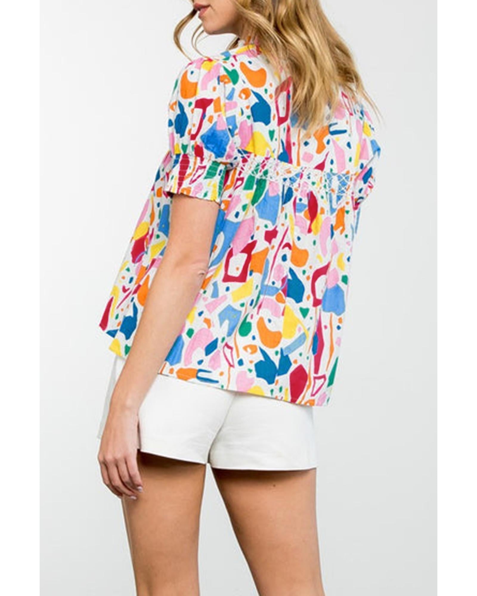 White Abstract Print Shirred Cuff Puff Sleeve Plus Size Blouse - 3X