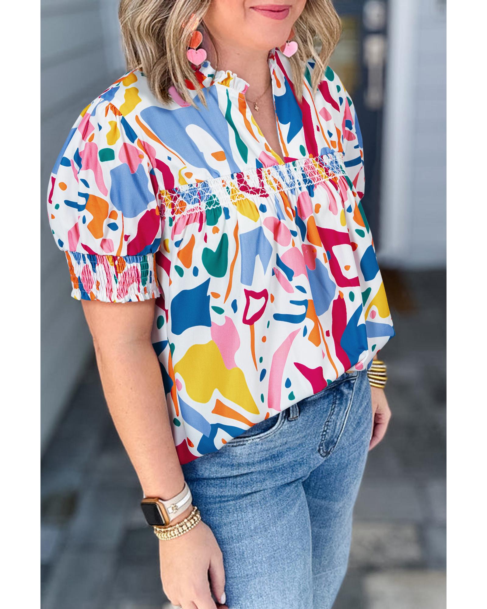 White Abstract Print Shirred Cuff Puff Sleeve Plus Size Blouse - 3X 3