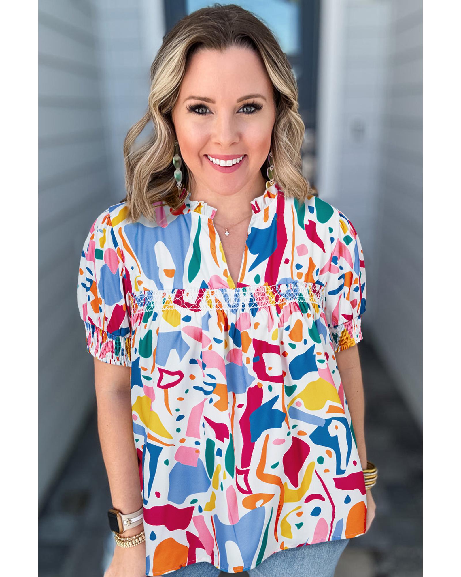 White Abstract Print Shirred Cuff Puff Sleeve Plus Size Blouse - 3X 4
