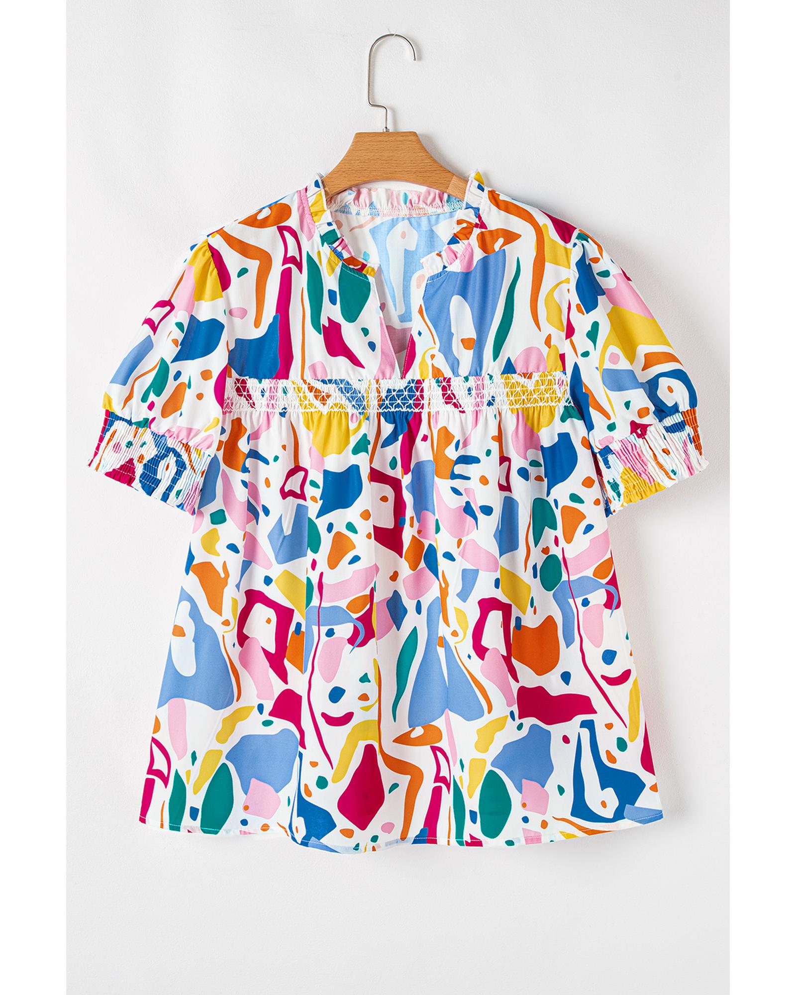 White Abstract Print Shirred Cuff Puff Sleeve Plus Size Blouse - 3X 5