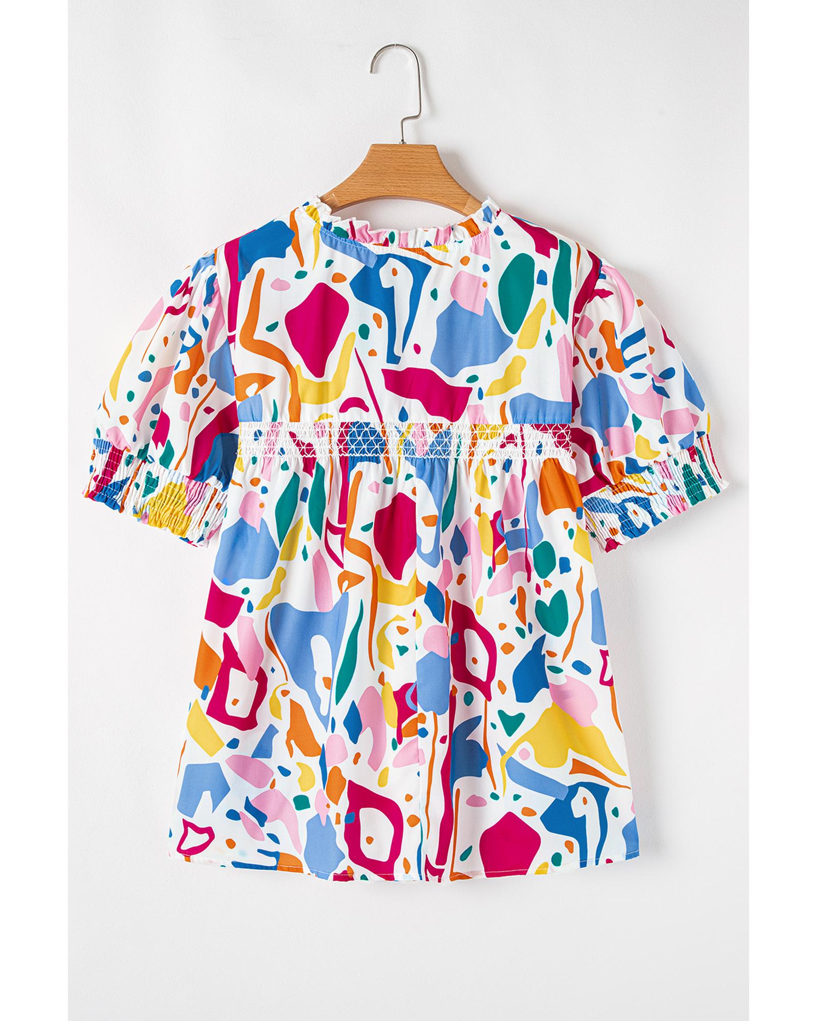 White Abstract Print Shirred Cuff Puff Sleeve Plus Size Blouse - 3X 6