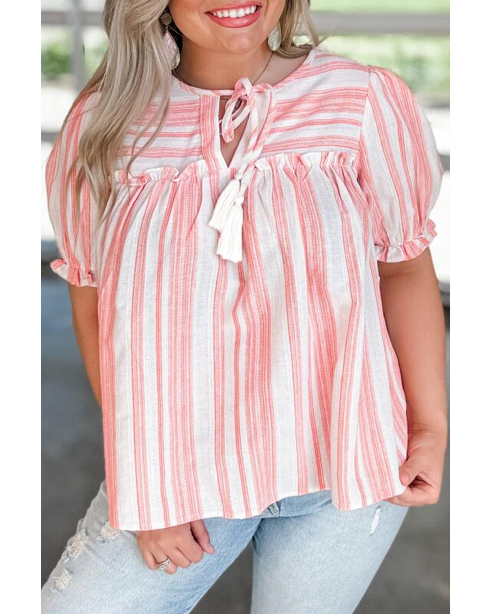 Pink Stripe Plus Size Tassel Tie Frilled Detail Short Sleeve Blouse - 4X