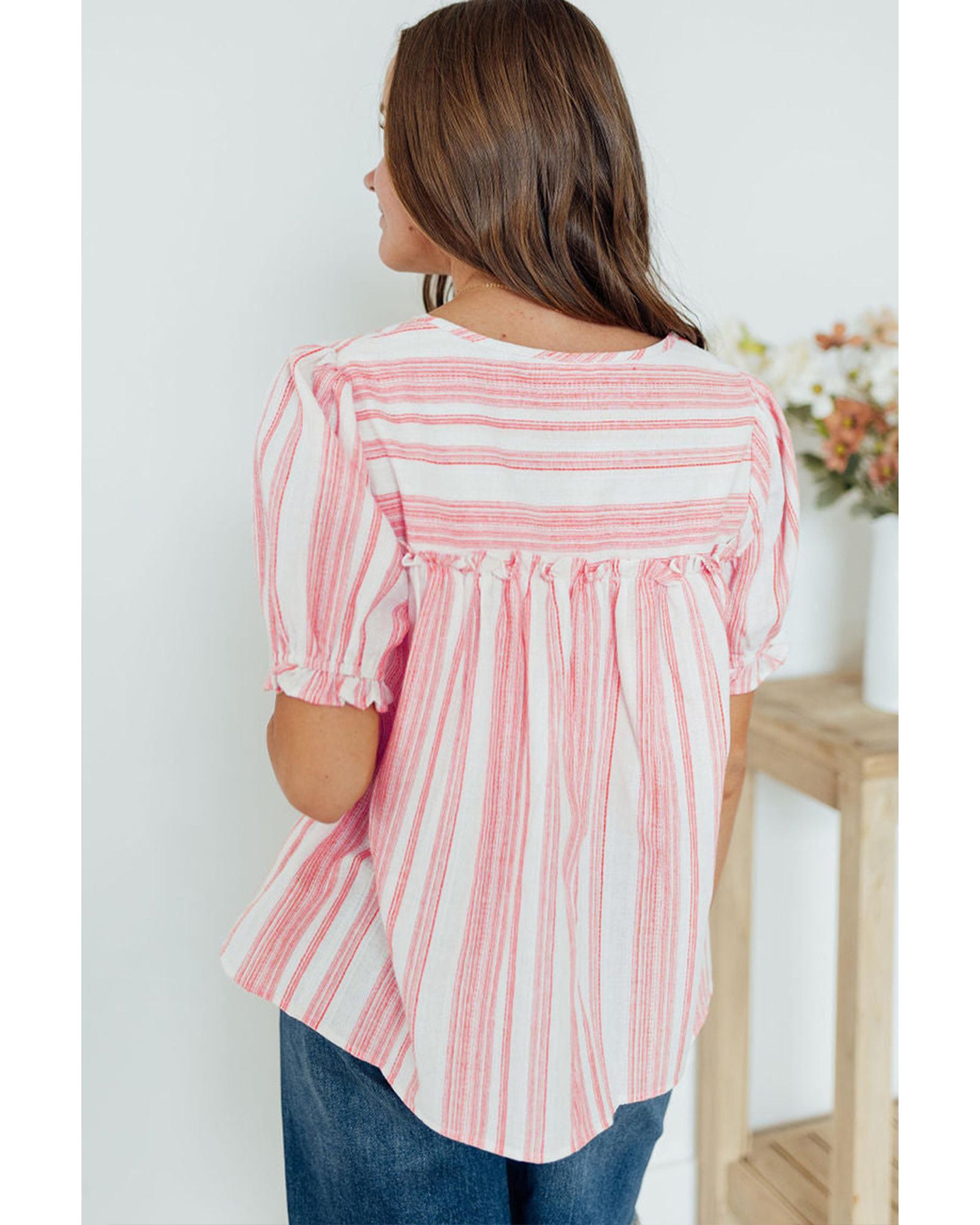 Pink Stripe Plus Size Tassel Tie Frilled Detail Short Sleeve Blouse - 4X