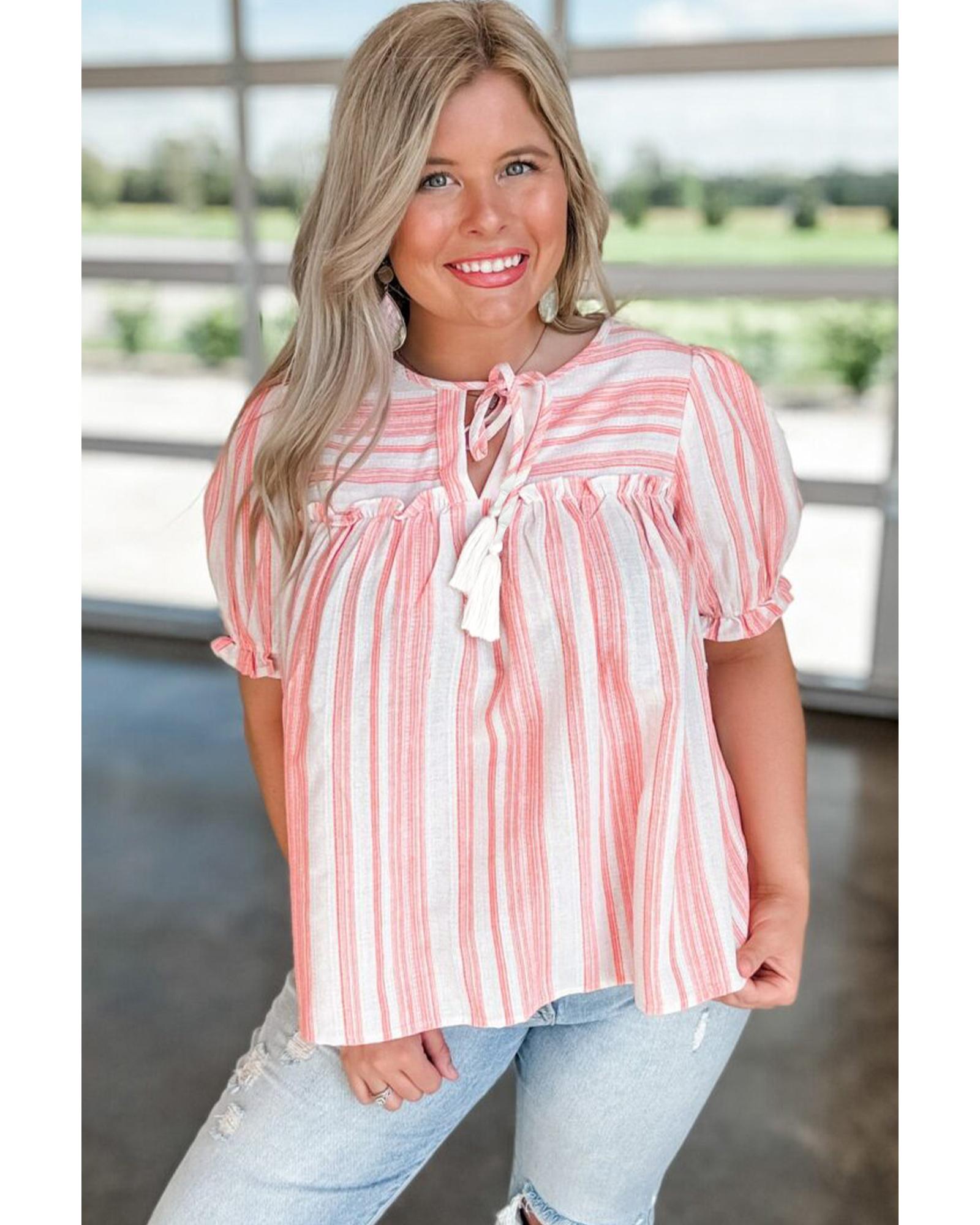 Pink Stripe Plus Size Tassel Tie Frilled Detail Short Sleeve Blouse - 4X 4