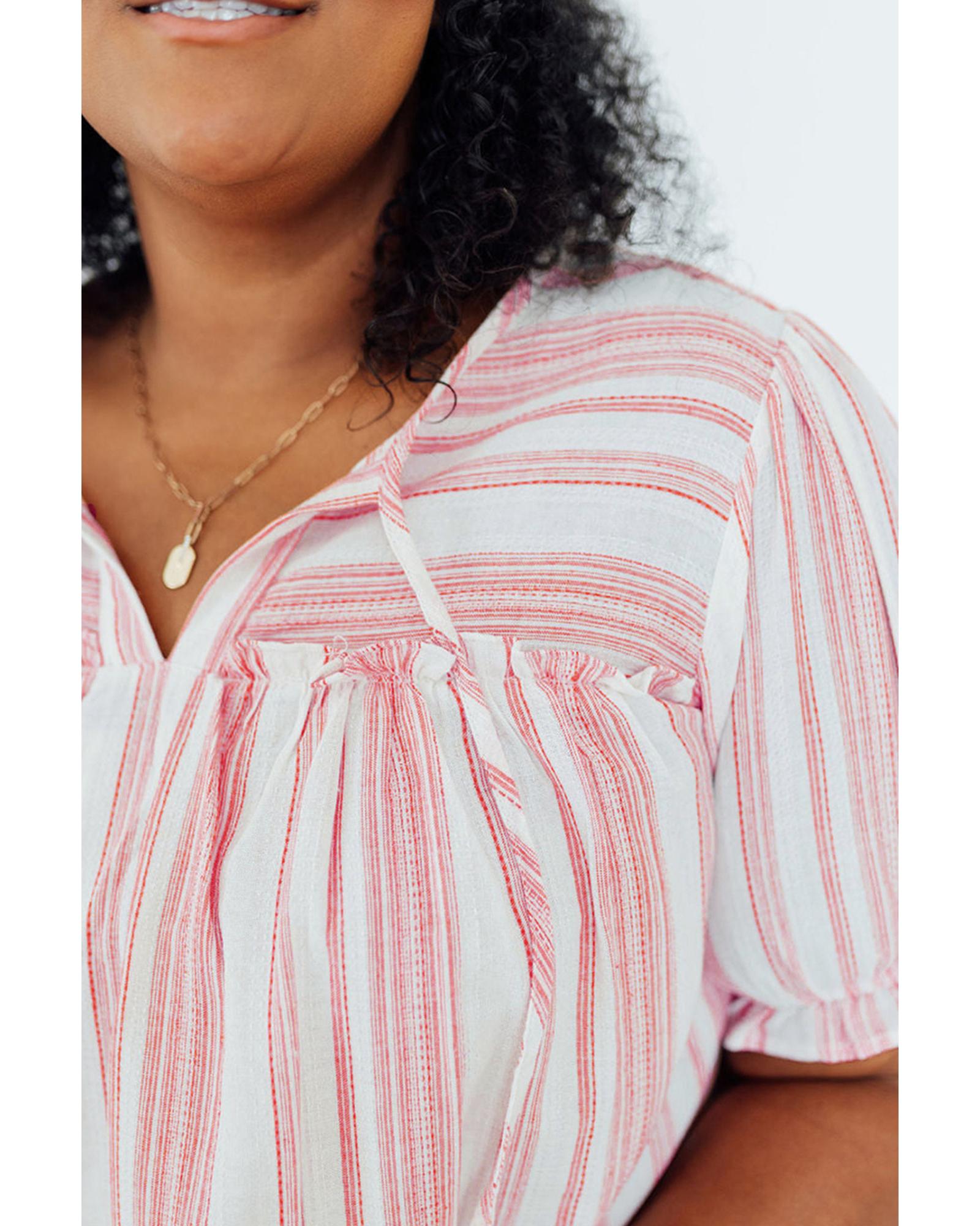 Pink Stripe Plus Size Tassel Tie Frilled Detail Short Sleeve Blouse - 4X 5