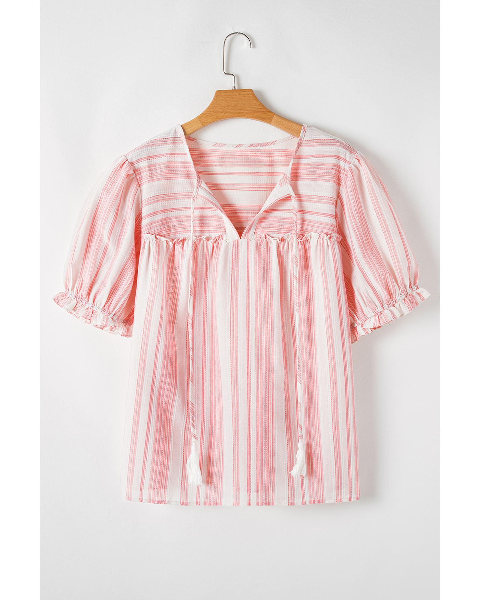 Pink Stripe Plus Size Tassel Tie Frilled Detail Short Sleeve Blouse - 4X 6