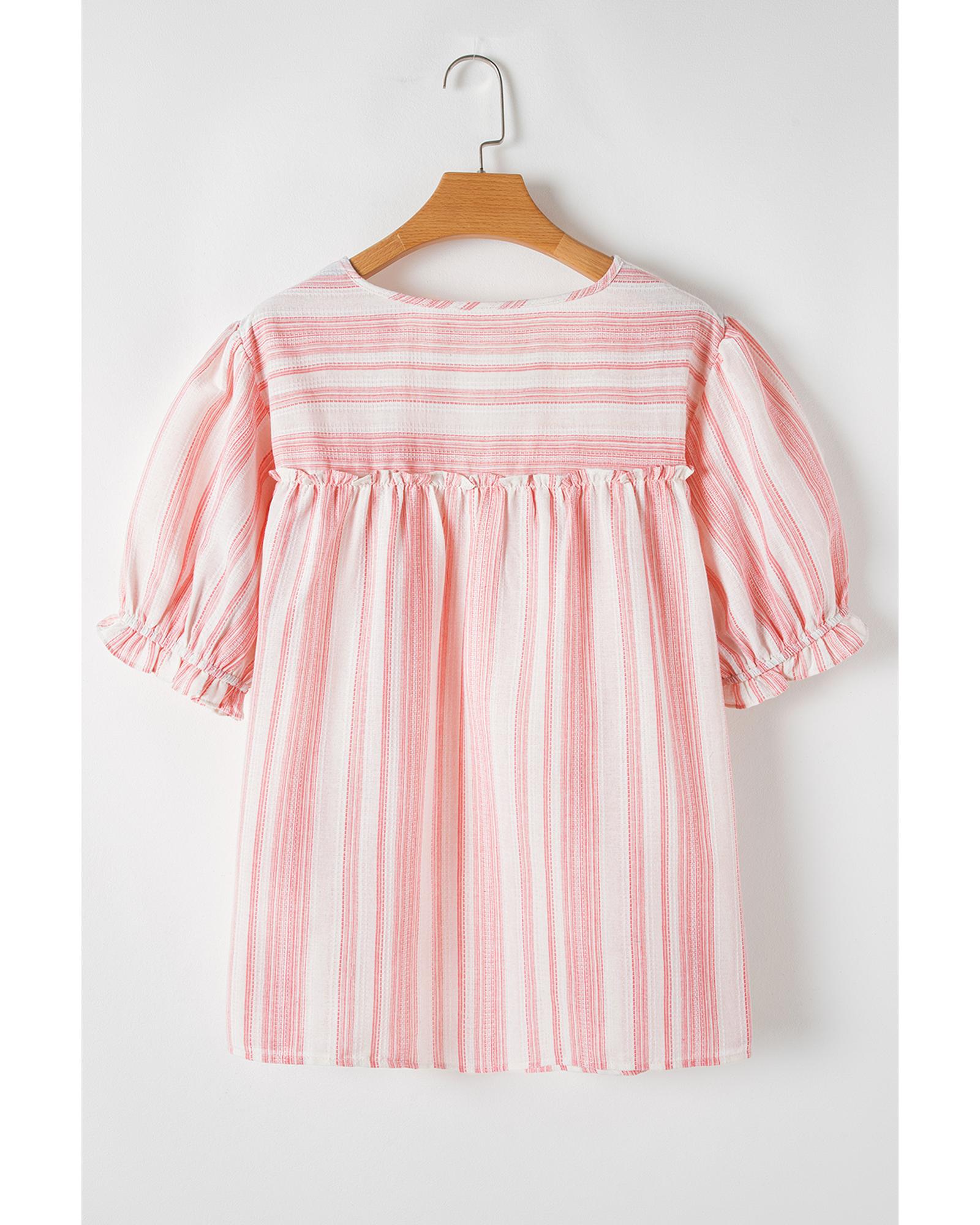 Pink Stripe Plus Size Tassel Tie Frilled Detail Short Sleeve Blouse - 4X 7