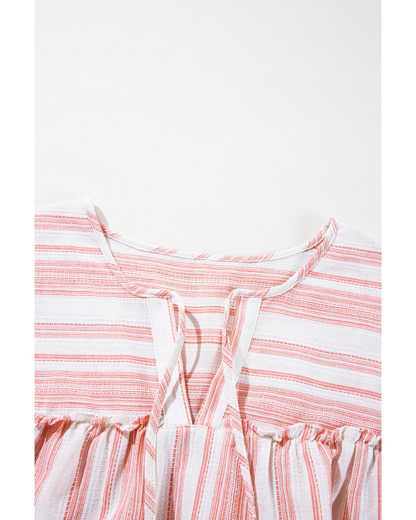 Pink Stripe Plus Size Tassel Tie Frilled Detail Short Sleeve Blouse - 4X 8